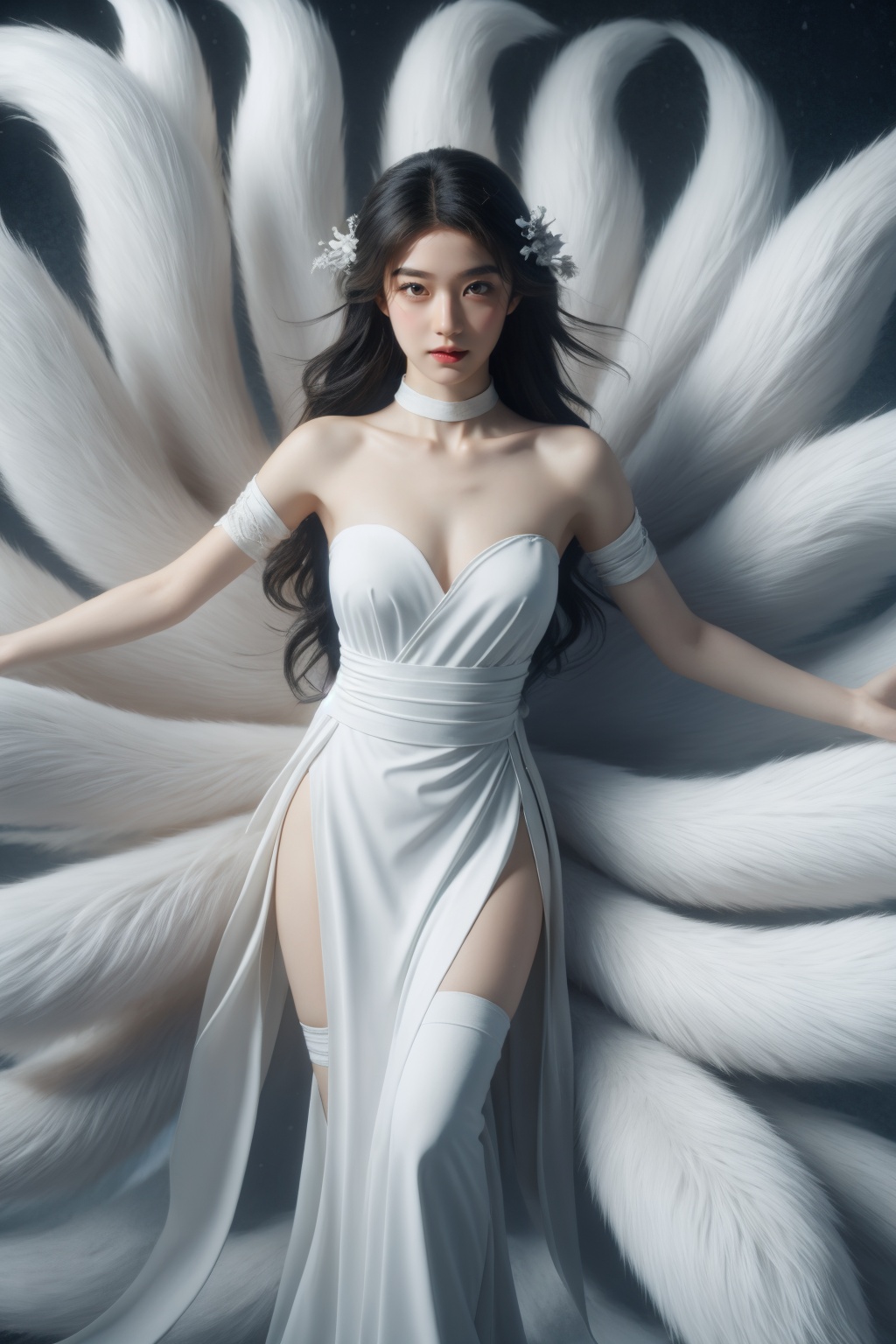 best quality,masterpiece,ultra high res,(photorealistic:1.4),A girl,fox tail,full body,snow,animal ears,fox ears,Fluffy,delicate fuzz,strapless,looking at the audience,8k,<lora:mujifox_20231115094241-000003:0.6>,