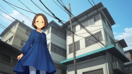 (best quality), ((masterpiece)), (highres), illustration, original, extremely detailed,  <lora:疗愈天空:0.7>1girl, solo, power lines, short hair, outdoors, brown hair, building, dress, hair ornament, utility pole, hairclip, brown eyes, air conditioner, standing, day, sky, long sleeves, blue dress, window, pants, looking at viewer, from below, house