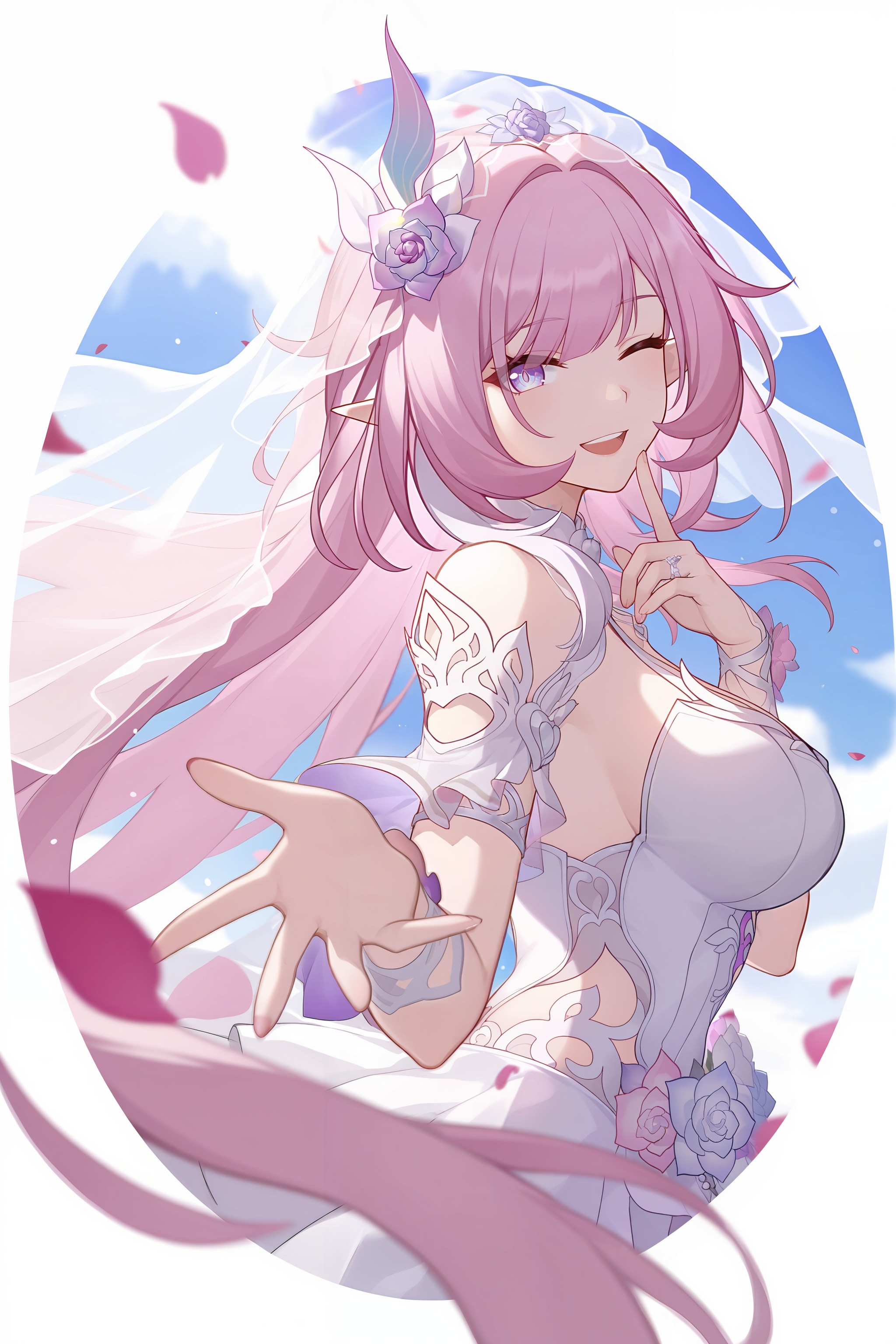 <lora:大昔涟:0.8>,xilian,1girl,long hair,pink hair,hair ornament,pointy ears,pink eyes,very long hair,elf,purple eyes,elysia \(honkai impact\),xilian,1girl,pink hair,solo,long hair,veil,breasts,smile,one eye closed,white dress,open mouth,dress,looking at viewer,petals,teeth,purple eyes,pointy ears,sky,blue sky,upper body,bridal veil,wedding dress,large breasts,pink eyes,depth of field,masterpiece,best quality,very aesthetic,alternate costume,alternate costume,2024,2023,perfect composition,ultra-detailed,extreme aesthetic,masterpiece,best quality,good quality,newest,year 2024,year 2023,very aesthetic,absurdres,looking_at_viewer,colorful,<lora:立绘构图ILL:0.3>,lihui,wind,pink wind,(dynamic_angle:1.1),(dutch angle:1.1),close-up,