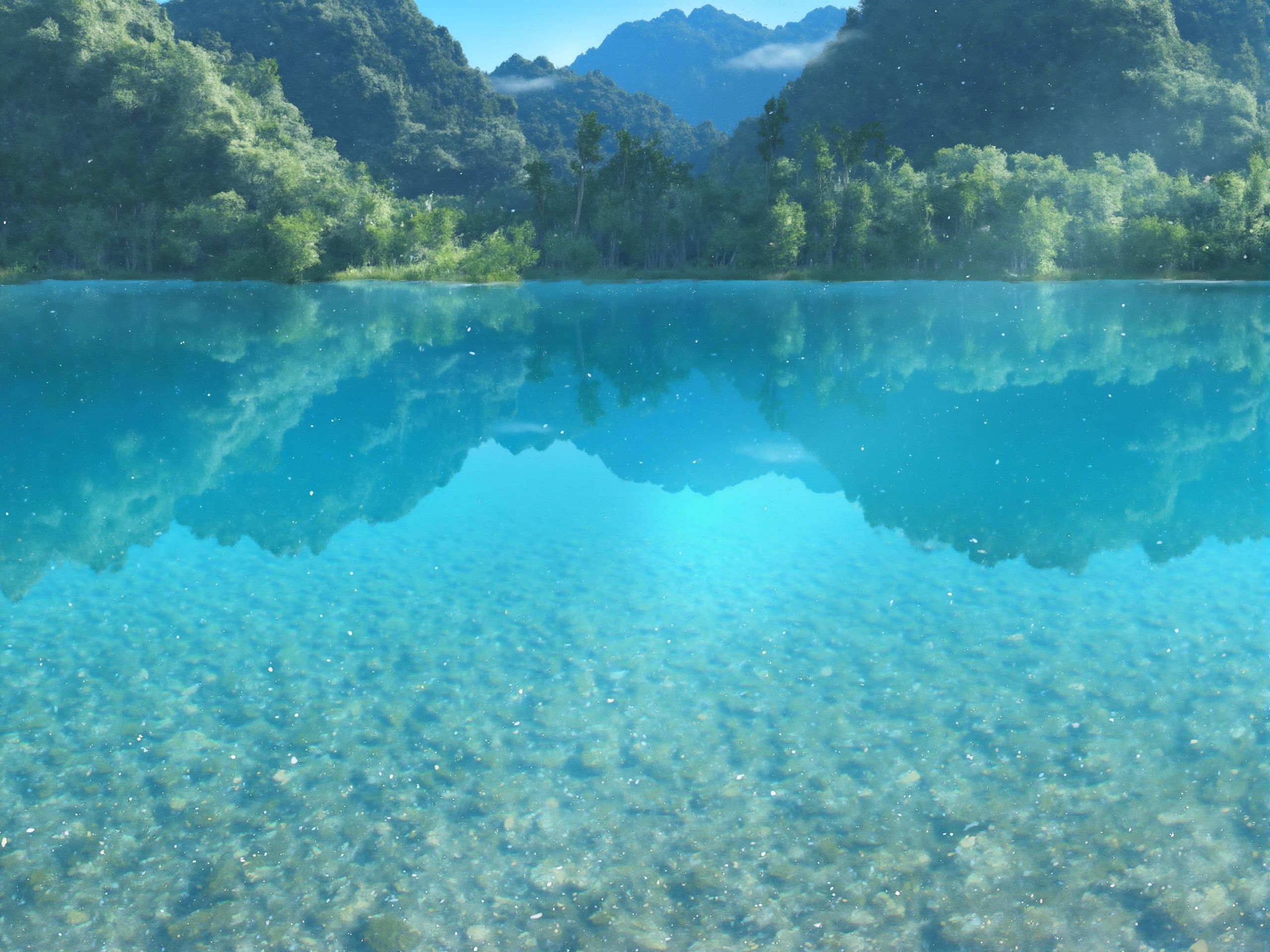 The image presents a digital painting of a tranquil, azure lake nestled in the heart of a mountain valley. The water is so clear that the pebbles on the bottom are visible, and the surface is only occasionally disturbed by the leap of a fish or the gentle touch of a breeze. The surrounding mountains are reflected in the lake, creating a mirror image that adds to the serene atmosphere.<lora:S_BLACKGROUD_:1>