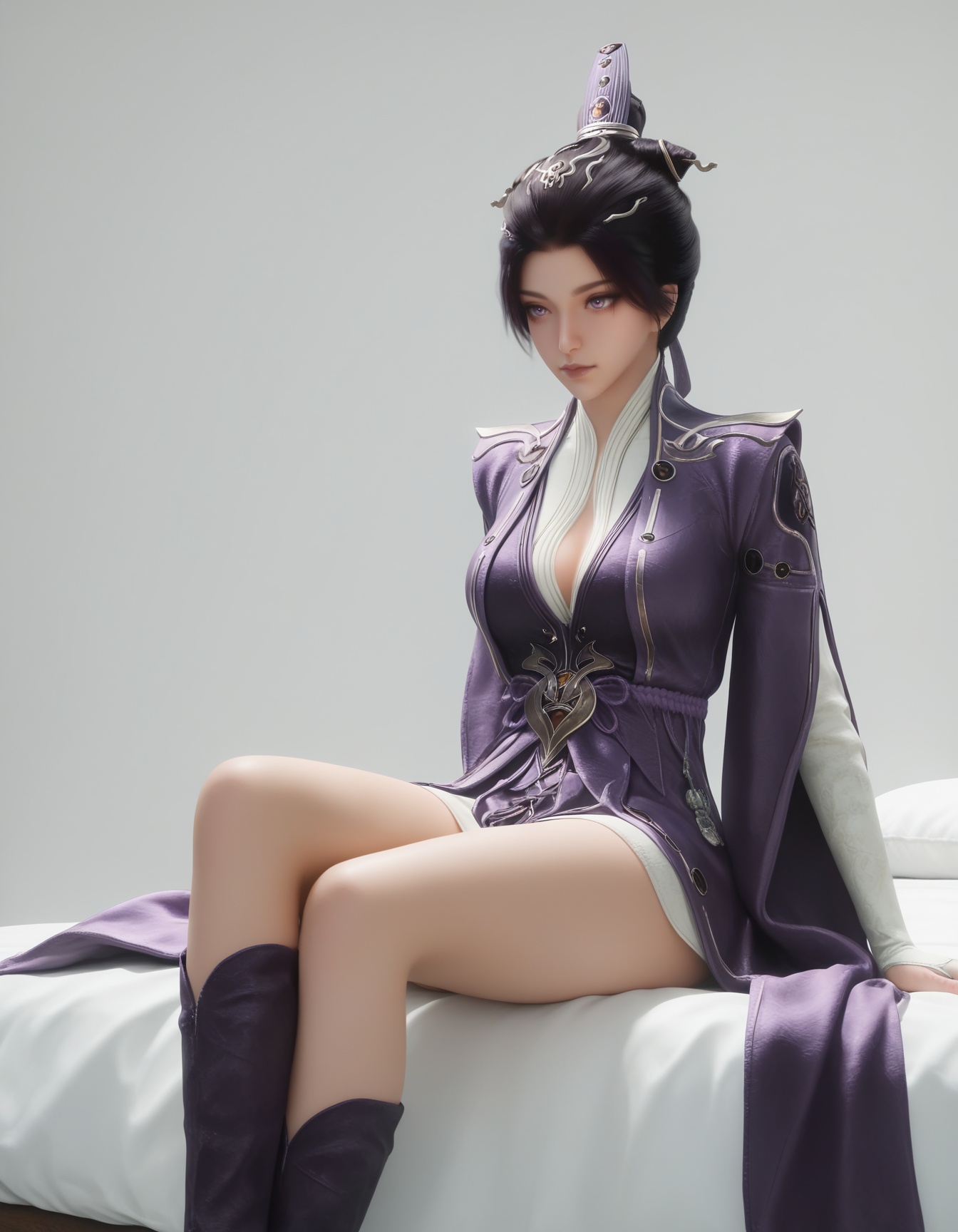 masterpiece,best quality,realistic,cinematic,detail eyes,(ultra-detailed),perfect composition,intricate details,absurdres,detailed face,high quality,high res,8K,<lora:X_fengyuanyuan_IL4.0:0.8>,black hair,purple eyes,1girl,breast,medium breast,hair_ornament,dress,purple_dress,sitting,bare_legs,simple background,white_background,bed,short hair,hair bun,thigh boots,