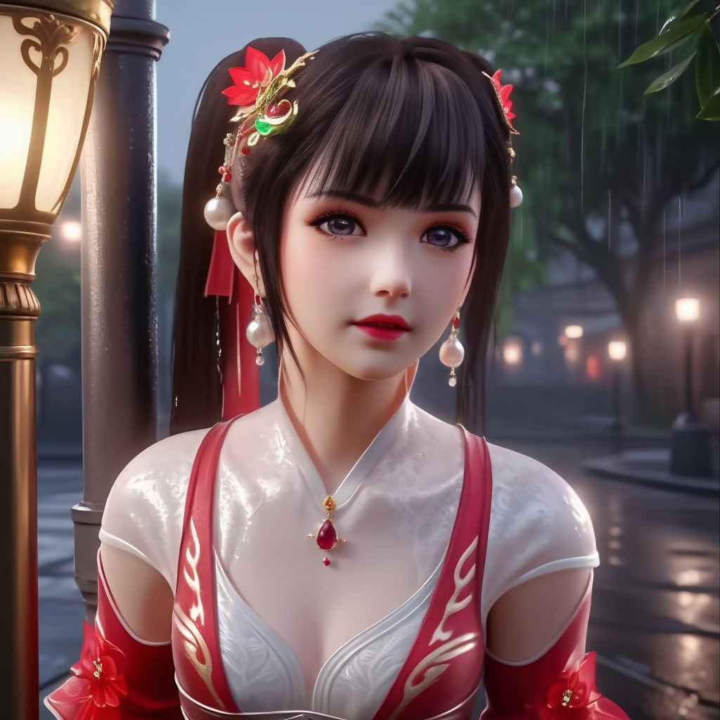 <lora:848-DA-XL-完美世界-火灵儿-幼年:0.8>, (,1girl, ,best quality, ),, ,ultra detailed 8k cg,            cinematic lighting, cinematic bloom, (( , )),,  , unreal, science fiction,  luxury, jewelry, diamond, pearl, gem, sapphire, ruby, emerald, intricate detail, delicate pattern, charming, alluring, seductive, erotic, enchanting, hair ornament, necklace, earrings, bracelet, armlet,halo,masterpiece, (( , )),,  ,cherry blossoms,(((, night,night sky,lamppost,  ultra high res, (photorealistic:1.4), raw photo, 1girl, , rain, sweat, ,wet, )))(( , ))   (cleavage),,  (sit), ,