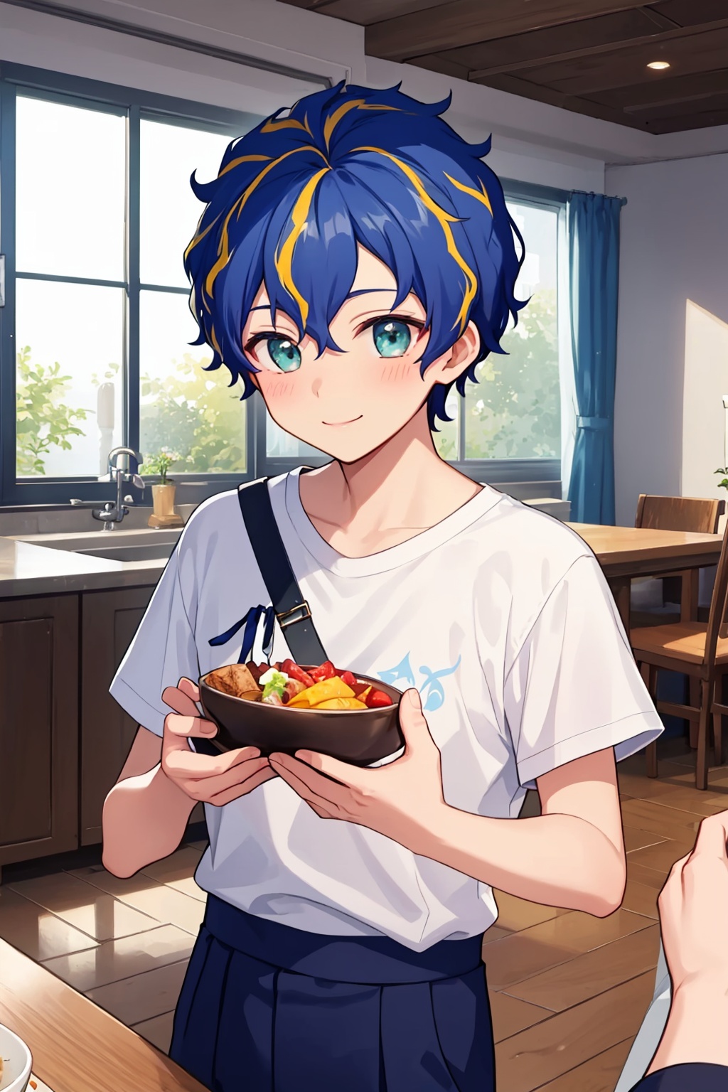 masterpiece,best quality, highly detailed, astel leda,virtual youtuber, male focus, smile, holding, 1boy, upper body, blush, closed mouth, solo focus, fork, blue shirt, white shirt, t-shirt, 2boys, indoors,<lora:astel_leda:1>