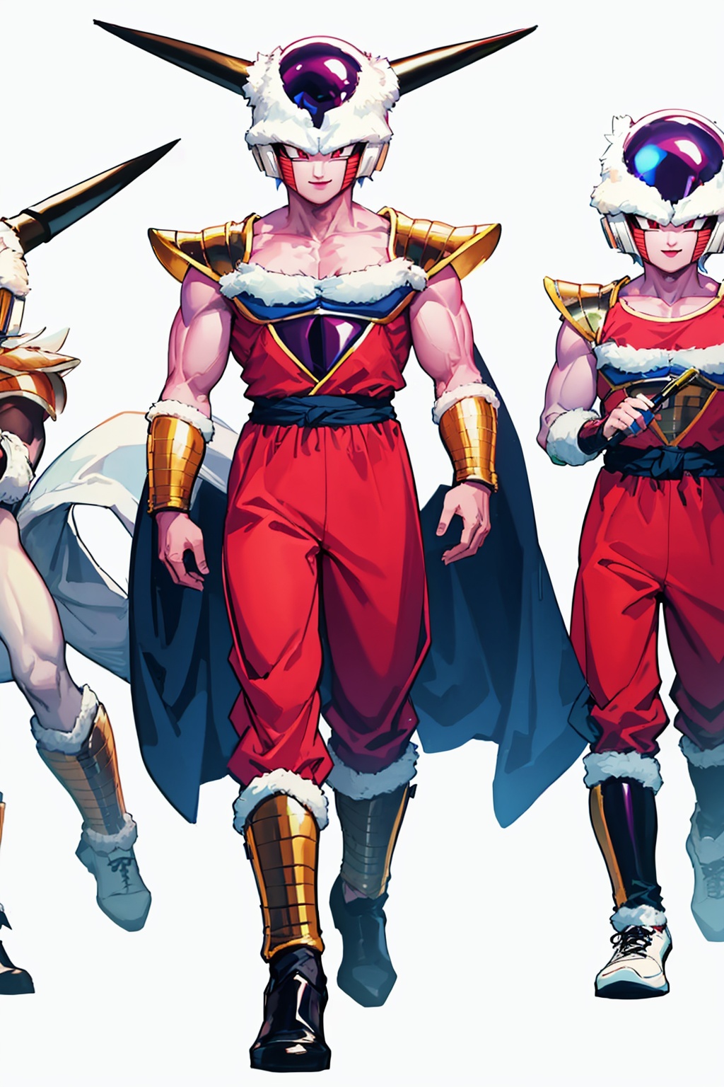 masterpiece,best quality, highly detailed, 1boy,frieza,male focus,full body,solo,simple background,white background,looking at viewer,smile,standing,horns,armor,saiyan armor,<lora:frieza:1>