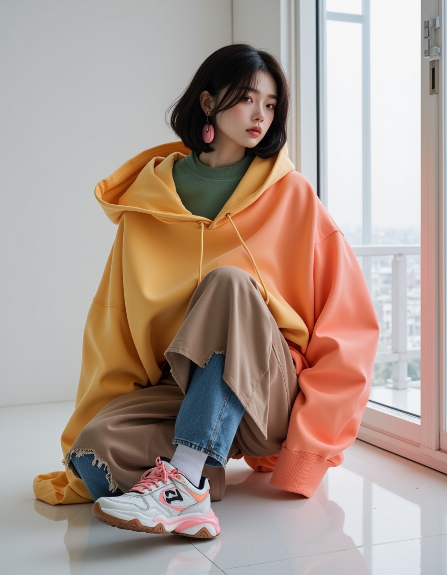 a real picture of a south korea woman,Balenciaga\(Oversized hoodie,Speed sneakers\)