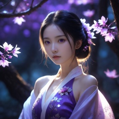 1girl,chinese hanfu,bare_shoulders,breasts,bioluminescent purple flower,fabulous night forest,magical radiance,Concept art,depth of field,Raw photo,realistic,cinematic lighting,soft shadows,sharp focus,fractal,colorful,depth of field,best quality,16k resolution,vivid colors,volumetric lighting,