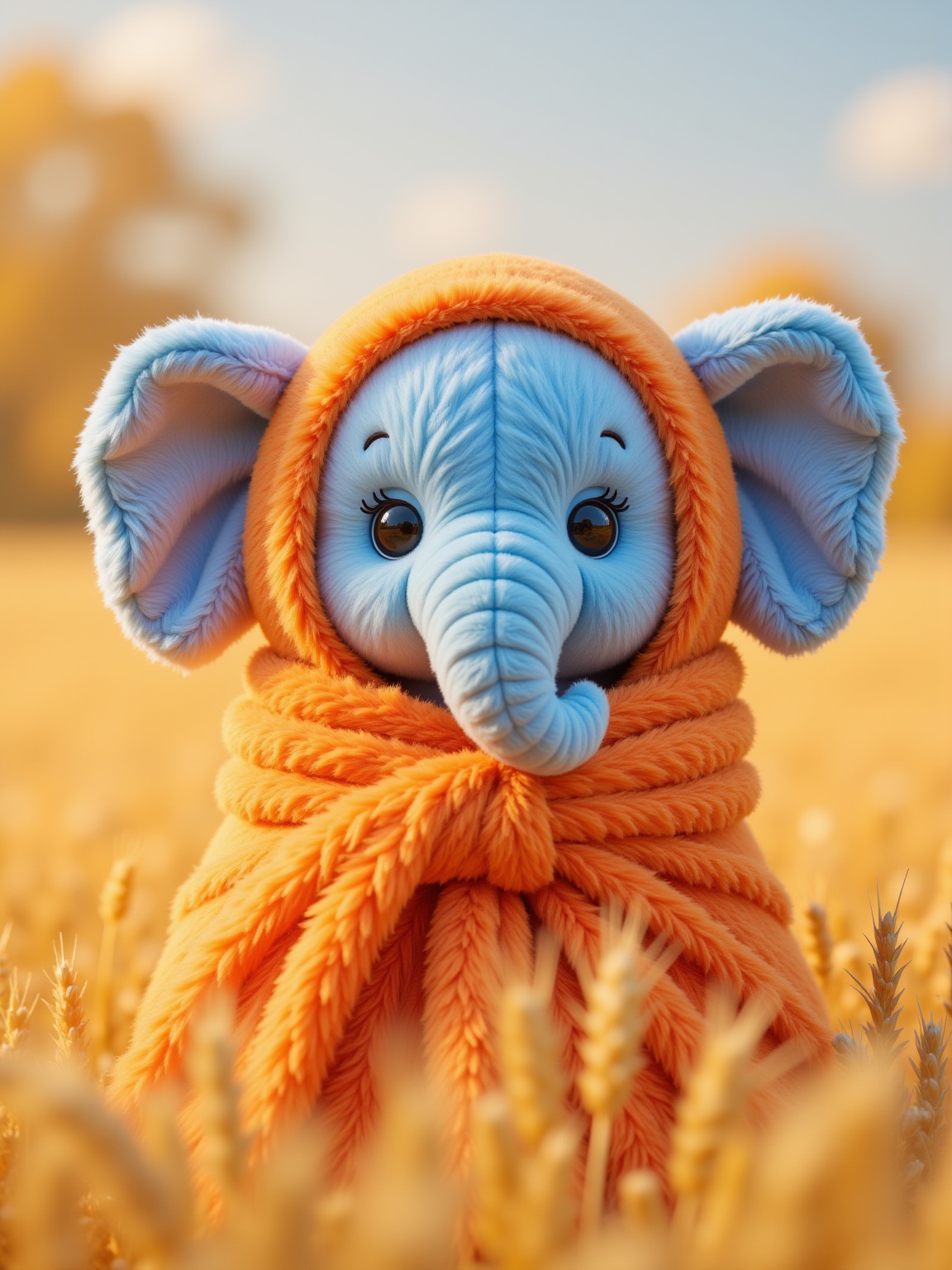YY_plush,cute,Plush wool,Plush,soft edge,matching,plush,3D,real,3d model,Inflation,expansion,soft gradient colors,studio lighting,light reflection,(masterpiece:1.2),exquisite,high resolution,perfectillumination,(Extreme detail cG:1.2),best quality,8K,subtle A plush blue elephant wrapped in an orange scarf,standing out in a golden wheat field.,<lora:YY-毛绒F.1:1>,