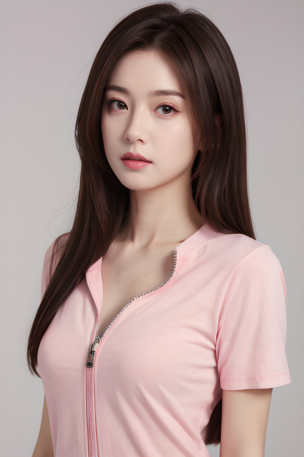 <lora:0816_10:0.7>,partially_unzipped,pink,short sleeve T-shirts,simple background,, 1girl,realistic,masterpiece, best quality, photorealistic, HDR,detail