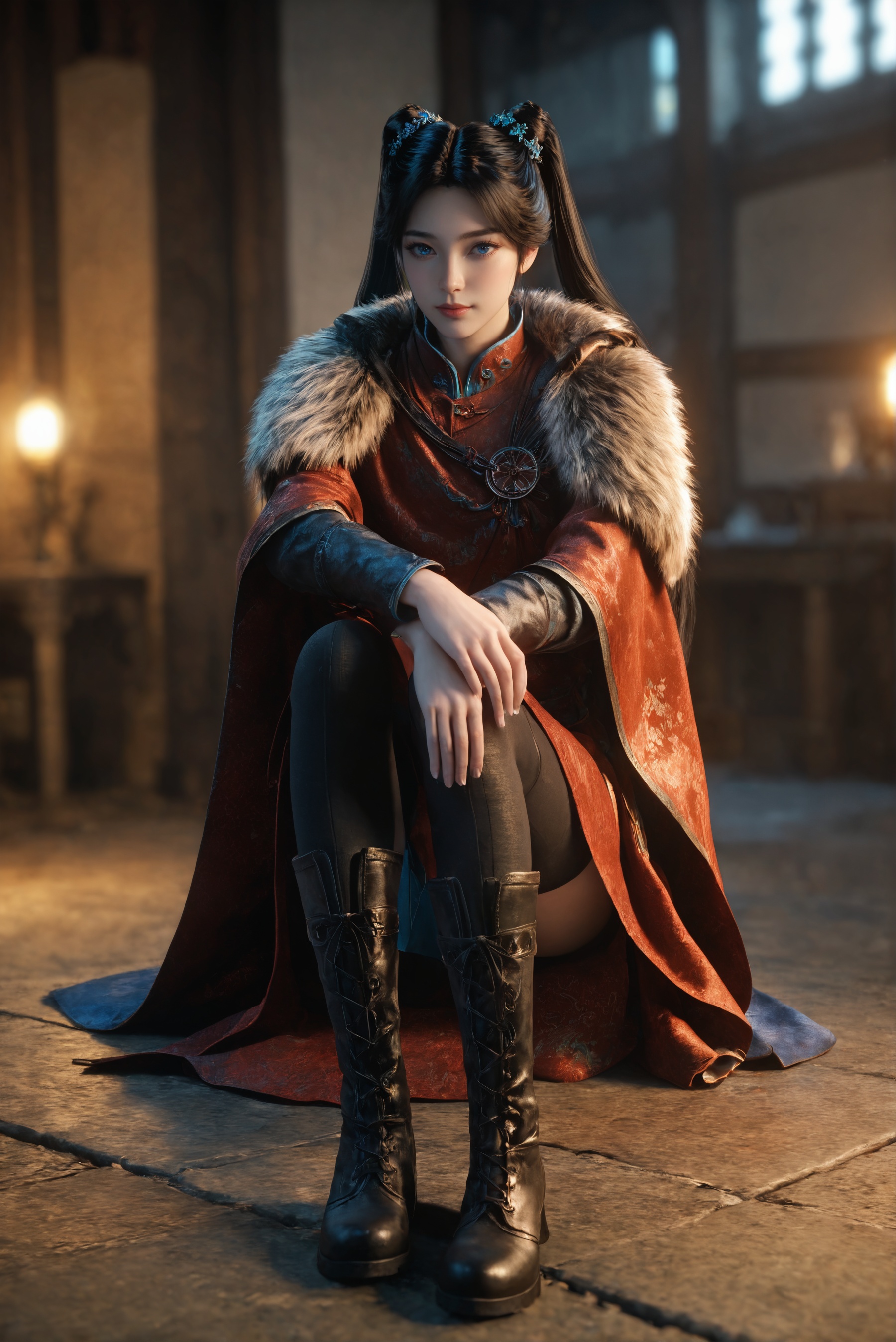 score_9,score_8_up,score_7_up,1girl,solo,3d,ultra-detailed,high resolution,perfect lighting,flawless skin,sharp focus,extremely detailed anatomy,Exquisite Craftsmanship,High-Resolution Beauty,Unparalleled Artistic Quality,masterpiece,best quality,official art,extremely detailed CG unity 8k wallpaper,chinese clothes,<lora:梅凝雪山:0.7>,black hair,blue eyes,blurry,boots,cape,holding,long hair,long sleeves,realistic,twintails,sitting,