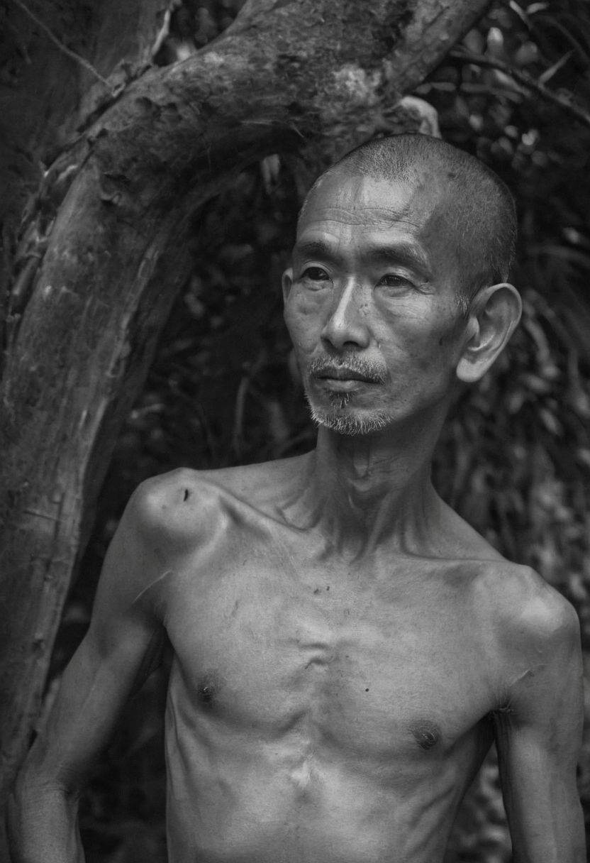 photograph of  extremely skinny 33 year-old asian Buddha himself after years of lack of nutrition (confident expression:1.2, body:1.1) under a boda tree in ancient India, long messy dirty greasy dark hair,long dark beard, engaging in the act of calm and mindfulness meditation, monk's dirty half shoulder dressing, with a focus on his face and upper body,soft strong natural lighting,high resolution,, high contrast, ray og light, light on the eyes, hard shadow, ENF, Embarrassed, Covering,