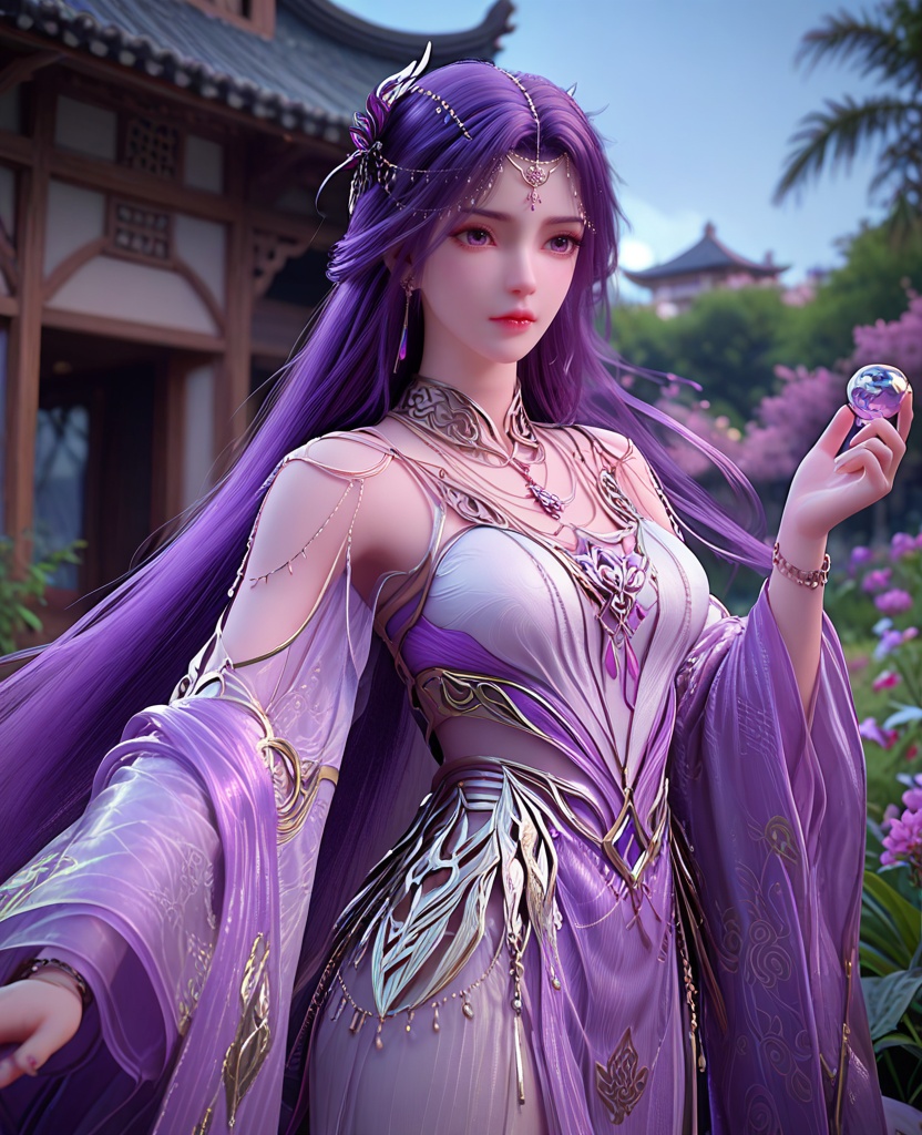 (oriental architecture, elegant decor, sophisticated style:1.1),camping,(breasts:1.2),<lora:XL完美世界云曦天命石:0.95>,miss yunxi,solo,white outer and purple inner double dress,purple eyes,purple hair,absurdly long hair,hair ornament,jewelry,earrings,necklace,sash and overskirt,shawl,see-through wide sleeves,, zPDXL2, score_9, score_8_up, score_7_up BREAK realistic, masterpiece,best quality, highly detailed,, zPDXL3, zPDXL2,zPDXL, zPDXLxxx, zPDXLrl,