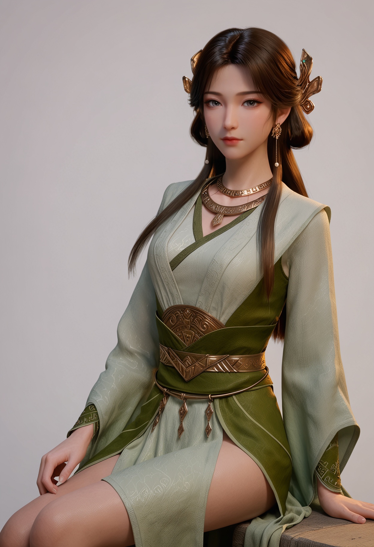 score_9,high detail,best quality,shiny skin,shiny,meining,1girl,solo,grey eyes,brown hair,long hair,jewelry,white background,necklace,realistic,hair ornament,earrings,simple background,dress,closed mouth,long sleeves,chinese clothes,lips,sash,green dress,looking at viewer,thighs,<lora:QQSponymeiningV1:0.8>,<lora:Pony_DetailV2.0:0.8>,<lora:皮肤凹痕:0.1>,