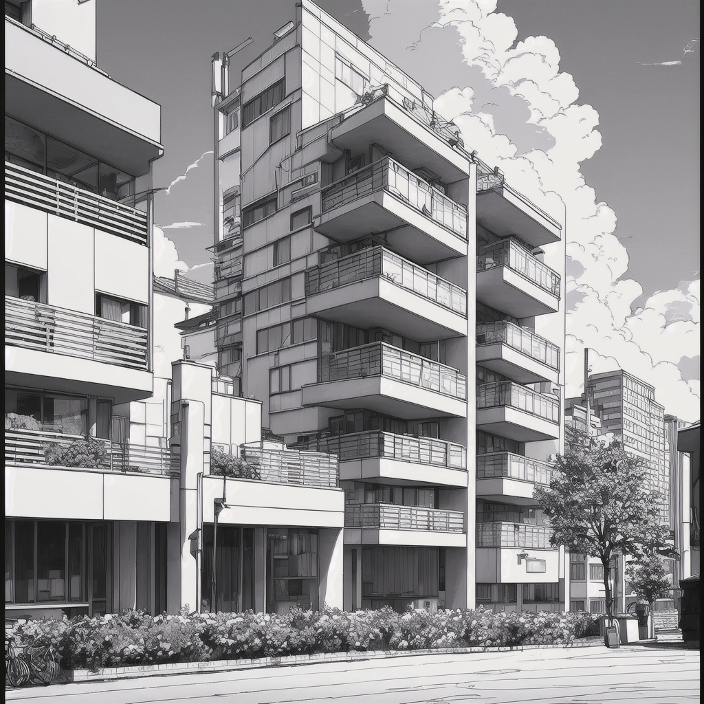 jiedao,greyscale,monochrome,scenery,outdoors,<lora:素描街道test-0000010:1>,scenery,building,(blue sky:1.2),daytime,masterpiece,best quality,tree,cloud,(modernist:1.1) design,street,city,Bustling city,, masterpiece, best quality,
