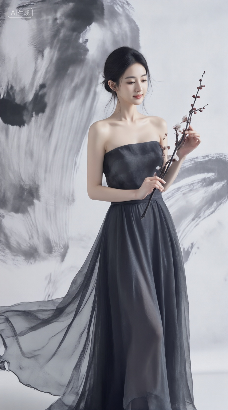 千问佳人,一位着墨色长裙的女子,立于抽象水墨笔触背景中,背景以黑白灰层次铺陈,她面容宁静,职业微笑浅淡,手中轻抚一枝梅,意境幽远,, , , Negative prompt: EasyNegative,nsfw,,nsfw, Steps: 20, Sampler: Euler, CFG scale: 4.0, Seed: 636521905, Size: 928x1664, Model hash: 98763a1277, Model: Qwen-Image_1.0.safetensors, Denoising strength: 0, RNG: CPU, Lora 1: qwen千问佳人, Lora Hash 1: ac0e909e71, Lora Weight 1: 1.0, vae_name: automatic