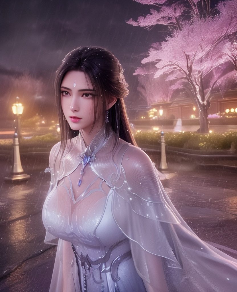 <lora:611-DA-诛仙-陆雪琪-V3:0.8>(,1girl, ,best quality, ),looking at viewer, ,ultra detailed 8k cg, ultra detailed background,  ultra realistic 8k cg,          cinematic lighting, cinematic bloom, (( , )),,  , unreal, science fiction,  luxury, jewelry, diamond, pearl, gem, sapphire, ruby, emerald, intricate detail, delicate pattern, charming, alluring, seductive, erotic, enchanting, hair ornament, necklace, earrings, bracelet, armlet,halo,masterpiece, (( , )),,  ,cherry blossoms,(((, night,night sky,lamppost,  ultra high res, (photorealistic:1.4), raw photo, 1girl, , rain, sweat, ,wet, )))(( , ))   (cleavage), (),