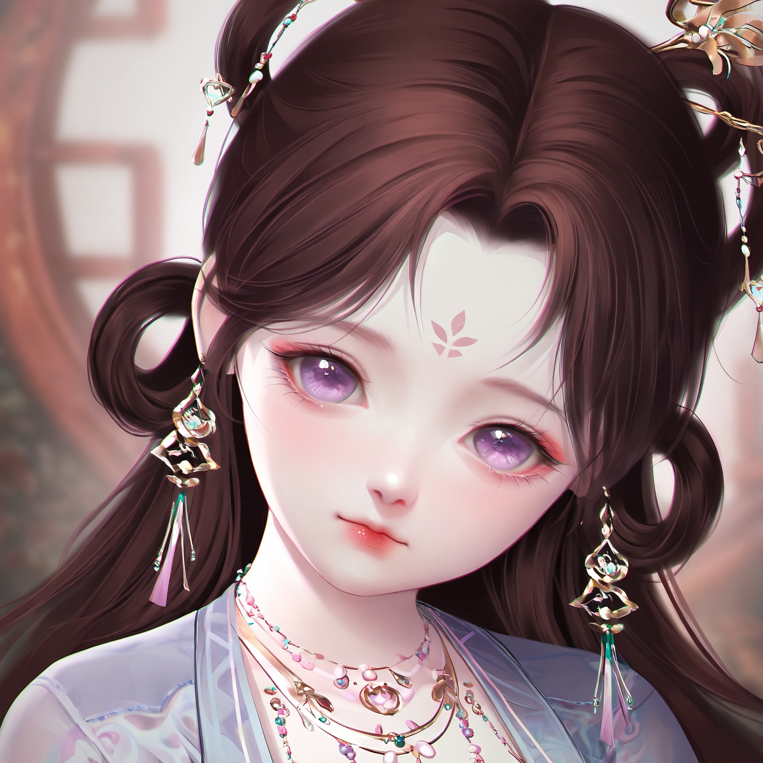 masterpiece,very aware,highres,absurdres,newest,best quality,loli,petite,high quality,chromatic_aberration,cinematic_angle,dutch angle,//,loli,1girl,solo,forehead mark,hair rings,jewelry,facial mark,purple eyes,earrings,hair ornament,blurry background,chinese clothes,blurry,looking at viewer,brown hair,portrait,necklace,chinese text,long hair,head tilt,closed mouth,pale skin,//,<lora:touxiang——【noob】hans:0.8>,