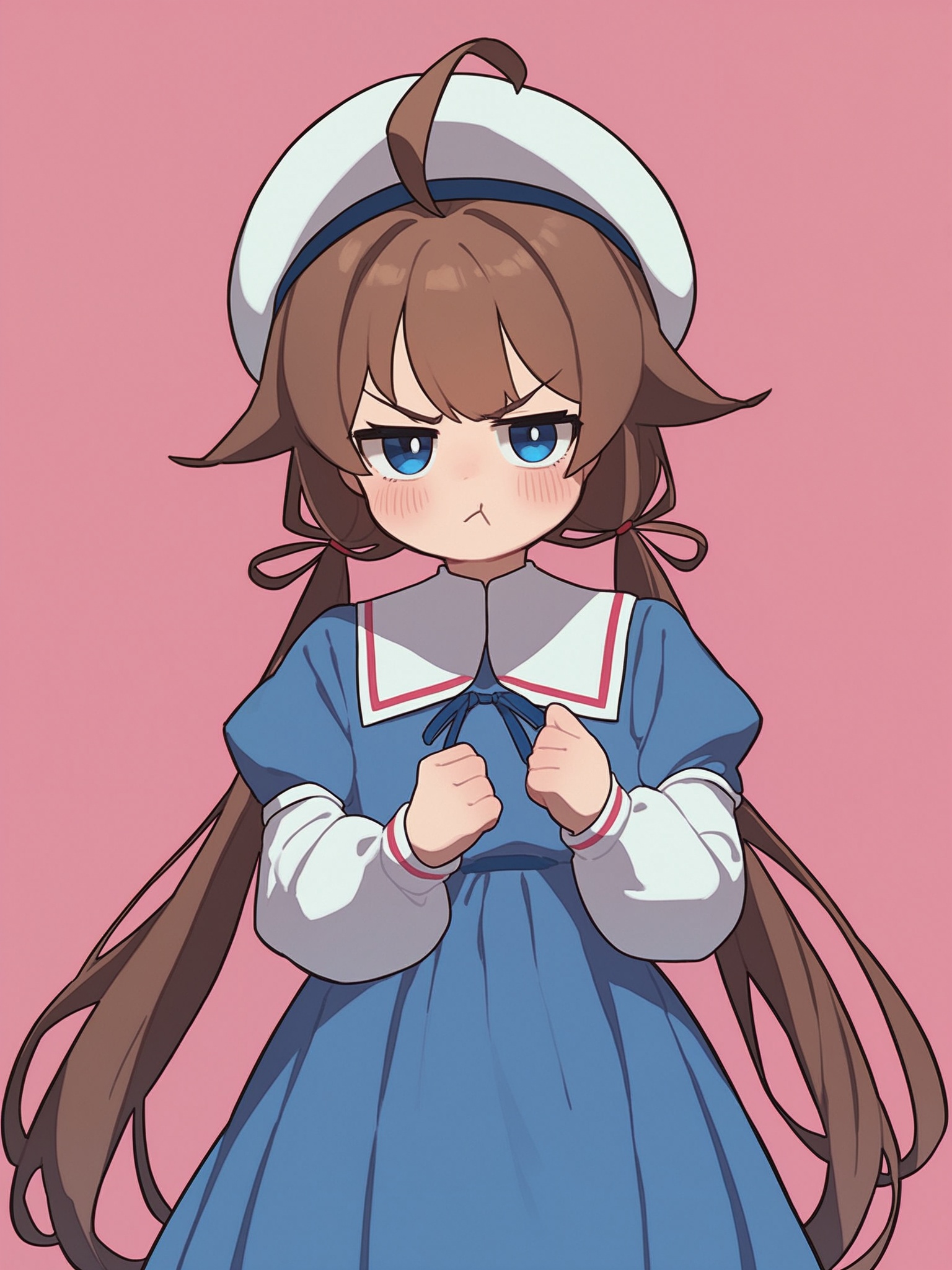 score_10,score_9,score_8_up,score_7_up,1girl,hinatsuru ai,long hair,solo,twintails,hat,blue eyes,brown hair,very long hair,long sleeves,ahoge,dress,layered sleeves,white headwear,short over long sleeves,blush,low twintails,beret,blue dress,puffy sleeves,v-shaped eyebrows,school uniform,short sleeves,puffy short sleeves,pout,looking at viewer,closed mouth,:t,pink background,