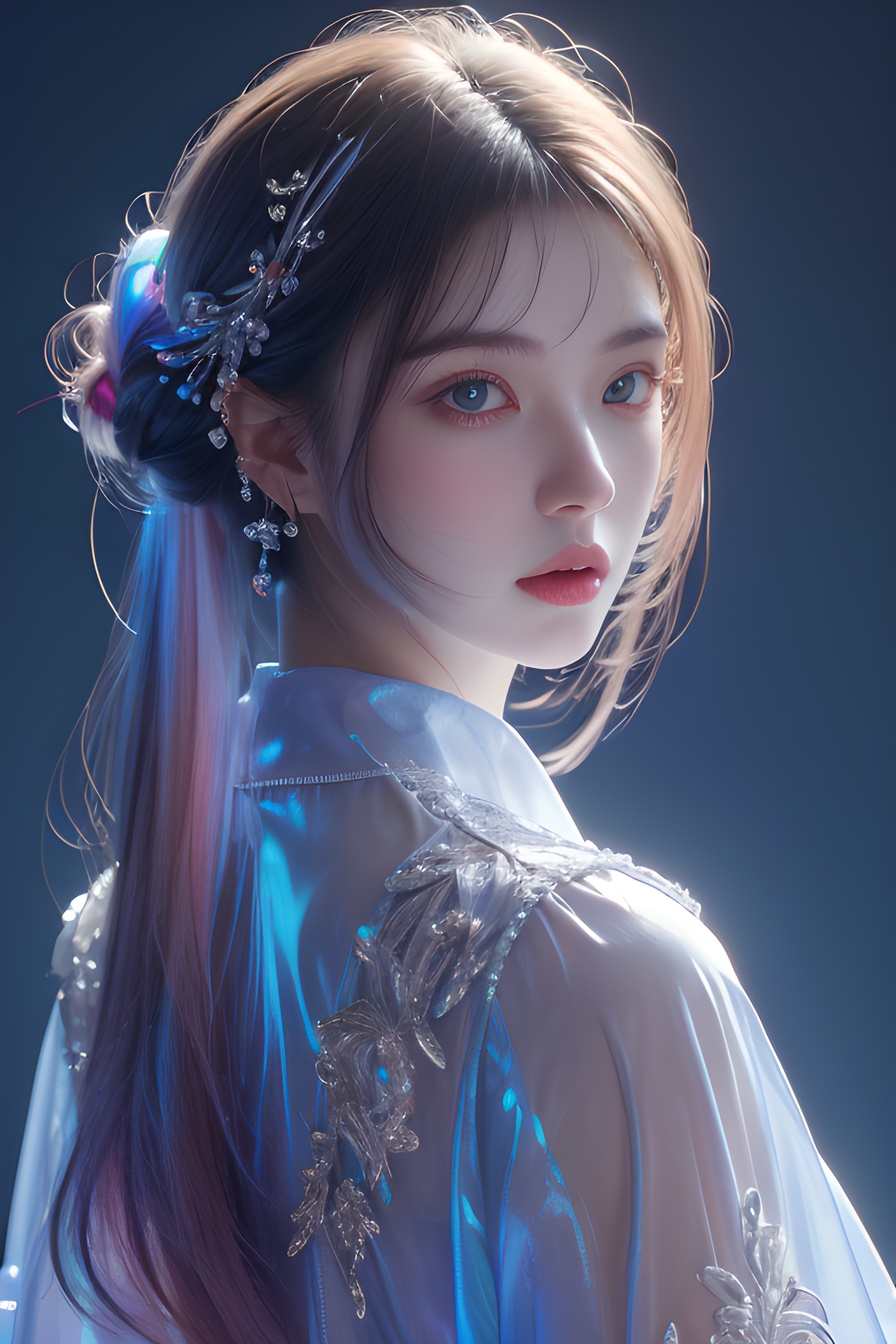 1girl,jewelry, iridescence,  look back, upper body,light pink background, (32k, best quality, highres, masterpiece:1.21), (realistic:1.331), detailed and intricate, (iridescent hair:1), <lora:20240218-1708234260649:0.4>, <lora:幻光琉璃Phantasmal Luminous The Radiance of Rainbow Dispersion:0.6>