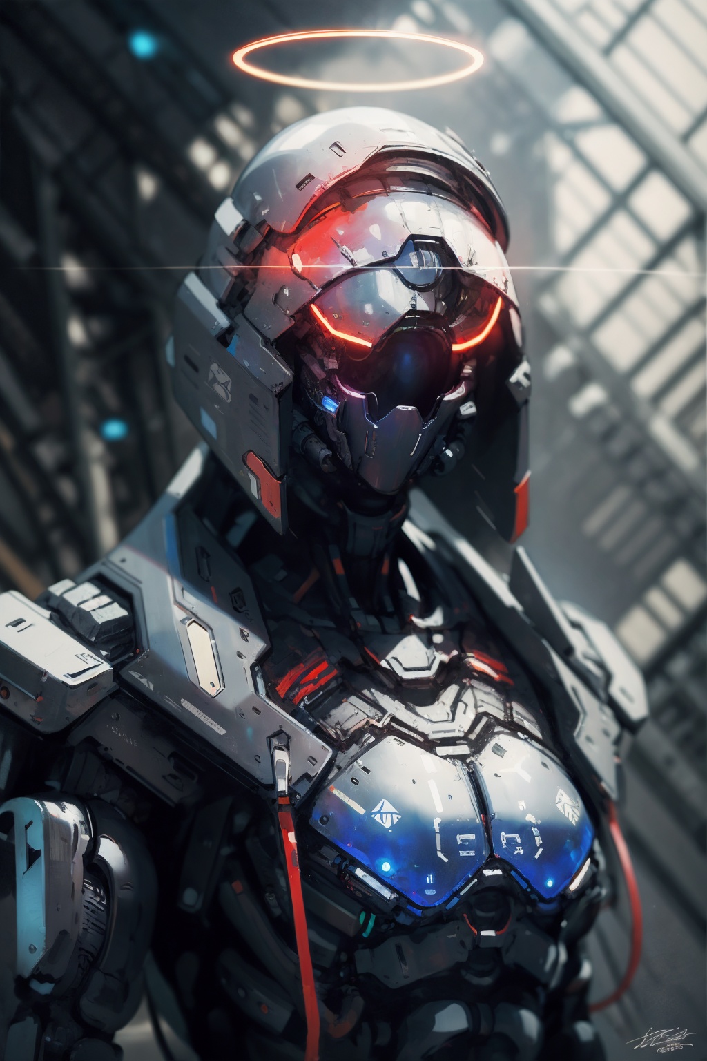 (masterpiece:1.2),best quality,PIXIV,Apocalypse Aso,science fiction,robot,no humans,solo,mecha,glowing,upper body,signature,portrait,straight-on,realistic,halo,<lora:Apocalypse Aso_20240119162949:1>,