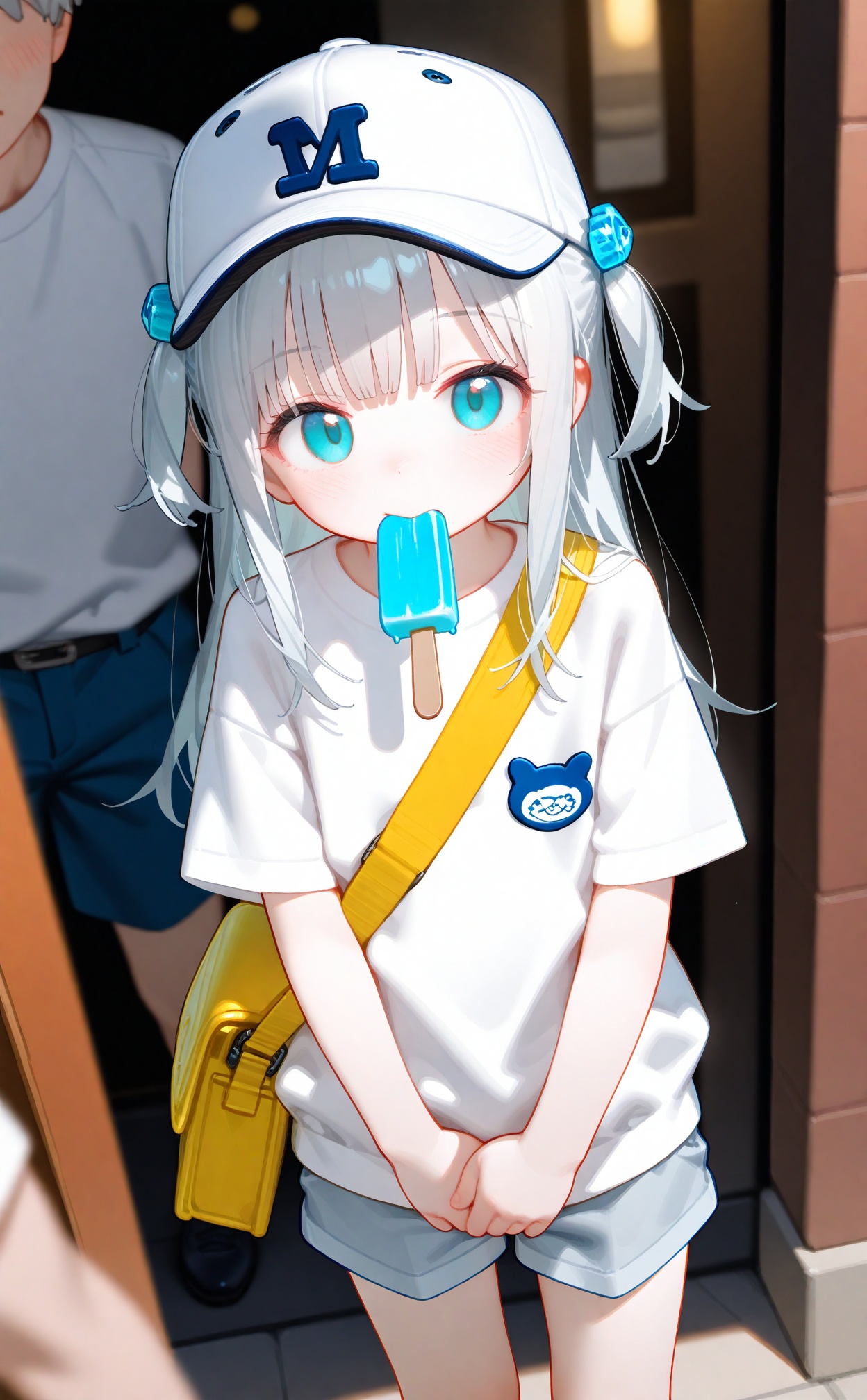 high, shirt, hat, white shirt, shorts, baseball cap, bag, 1girl, long hair, looking at viewer, food, blue shorts, popsicle, food in mouth, white headwear, short sleeves, aqua eyes, solo focus, mouth hold, standing, white hair, blue eyes, two side up, t-shirt, blurry, sidelocks, shoulder bag, feet out of frame, popsicle in mouth, grey hair, own hands together, blunt bangs, grey shorts, 1boy, blurry background, child, short shorts, yellow bag, hair ornament, v arms, doorway, depth of field, blurry foreground, blush, denim shorts<lora:fangdongye-000008:1>
