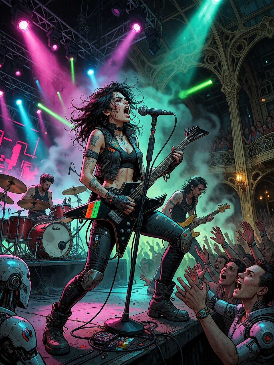 <lora:Kreanoveaucyberpunk:0.7A rebellious cyberpunk female rock singer screaming passionately into a chrome microphone whi...