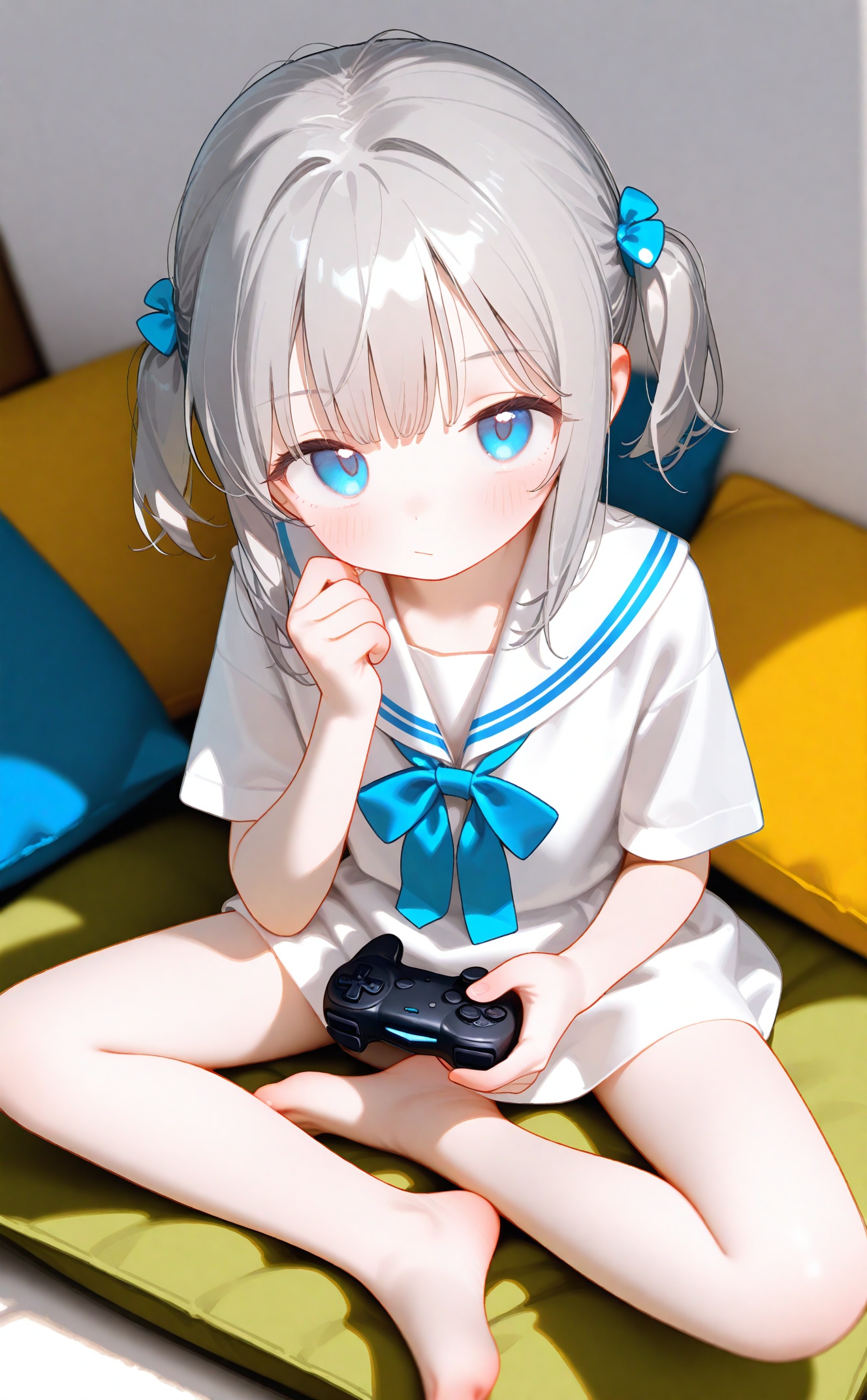 high, 1girl, game controller, solo, controller, indian style, barefoot, looking at viewer, blue eyes, sitting, short twintails, white background, bowtie, grey hair, sailor collar, shirt, blue bowtie, blue bow, gamepad, bow, blush, bare legs, white shirt, closed mouth, toes, short sleeves, playstation controller, short hair, simple background, feet, full body, white sailor collar, pillow, from above, twintails, blurry, looking up, neckerchief, game console, school uniform, knees apart feet together, serafuku, holding controller, skirt, butterfly sitting, shadow, crossed legs, hand up, :/, hands on feet, depth of field, holding game controller, white dress, cushion, legs, sidelocks, toenails, dress, light brown hair, blurry background, sailor dress, blue neckerchief<lora:fangdongye-000008:1>