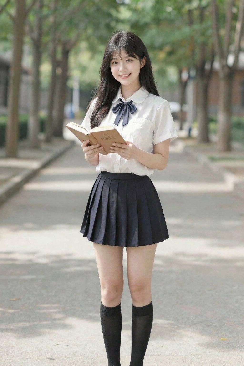 <lora:20260207_TinZITGirlLoraB:1>, A young Asian woman, estimated age range 18-22, stands gracefully on a paved pathway, smiling warmly. She wears a classic school uniform comprising a white short-sleeved blouse with a navy blue sailor collar and tie. Her skirt is a pleated navy mini-skirt, contrasting with the white blouse. She has long, straight black hair with a fringe, slightly covering her eyebrows. Her skin is fair, smooth and her eyes are dark. She holds an open book with a brown cover, her expression radiating joy. Her legs are slender, and she is wearing knee-high black socks. The path is lined with tall trees, casting soft shadows across the scene, indicating bright daylight. The background reveals a building in the distance, partially blurred. The overall lighting is natural and even, enhancing the colors and details. The composition is a medium shot, slightly from a low angle, enhancing her presence. The image conveys a cheerful, youthful, and vibrant mood, possibly a school setting, with an air of pleasantness. Art style can be described as detailed realism with soft, warm tones. long legs,