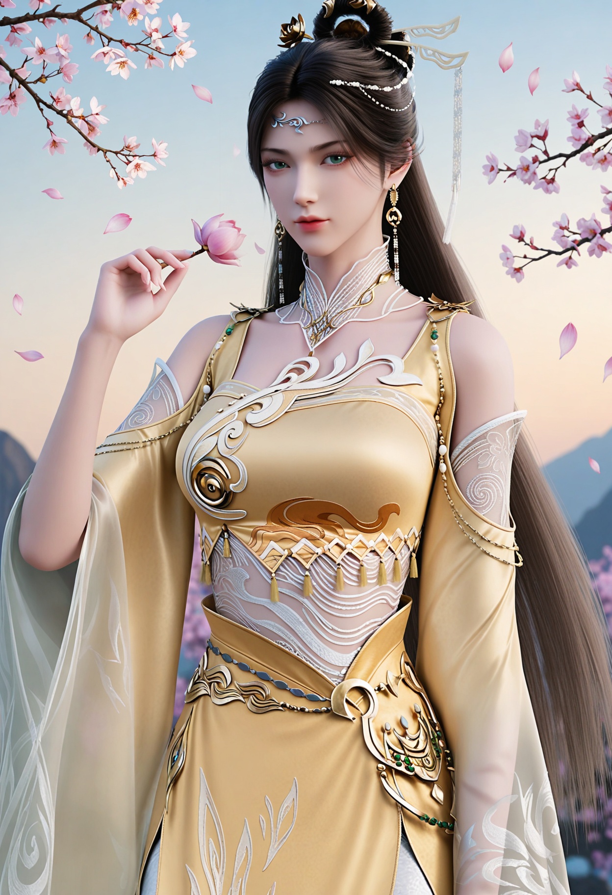 (upper_body:1.2),(looking_at_viewer:1.4),fantasy,dreamlike,Pastel Colors,hyper realistic,southeast asia,aestheticism,beautiful detailed sky,chinese mythology,wonderland,peach blossom,falling petals,smog,yunxia,<lora:YQ_li光辉v5_金瓶儿_V1:0.8>,1girl,solo,q1528437228,long_hair,jewelry,earrings,hair_ornament,dress,black_hair,realistic,chinese_clothes,yellow_dress,green_eyes,brown_hair,hair_bun,necklace,single_hair_bun,bare_legs,feet,hair_rings,