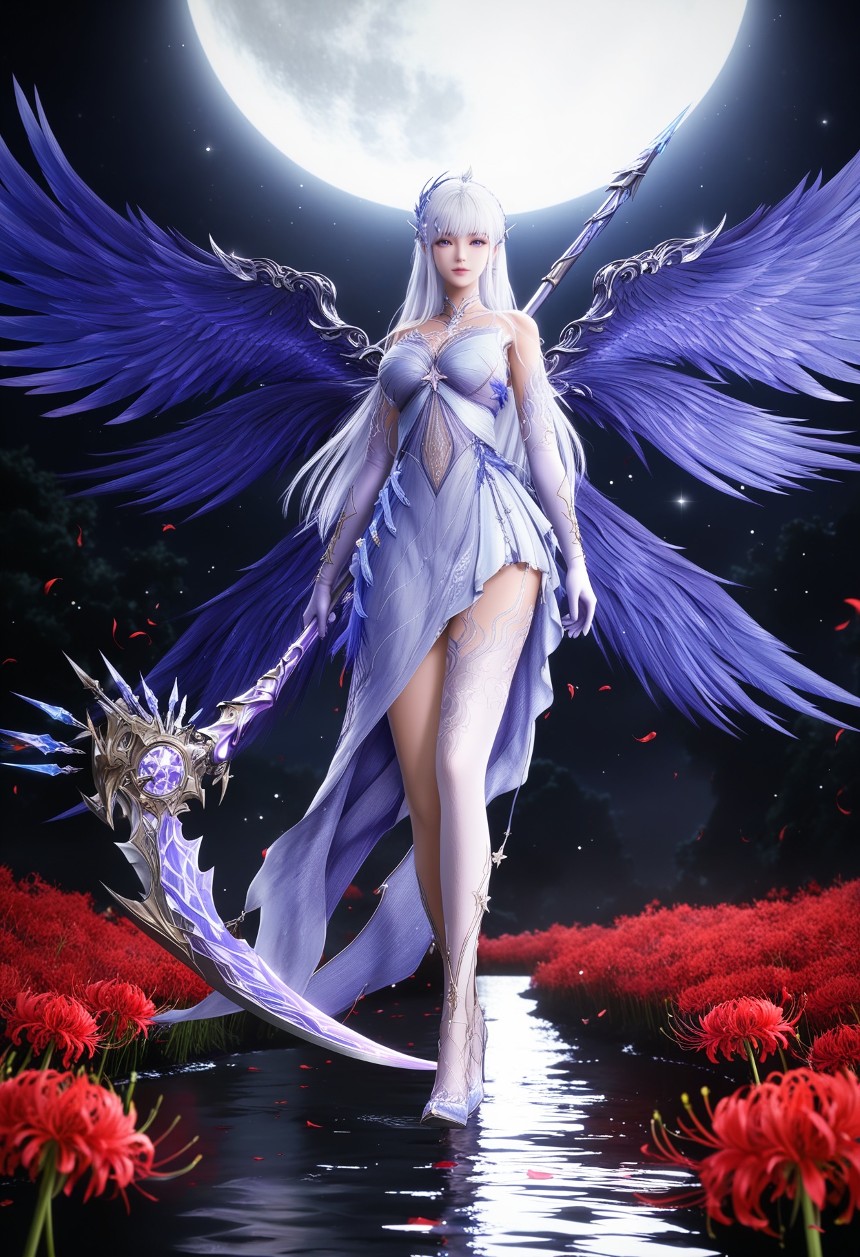 masterpiece,best quality,amazing quality,high resolution,ultra-detailed,absurdres,(looking at viewer:1.1),full body,(Dark room:1.3),(moody lighting:1.1),red spider lily,falling petals,water,moon,(large breasts:0.8),shengcaiersz,1girl,solo,dress,long hair,white hair,wings,bare shoulders,white dress,purple eyes,hair ornament,jewelry,gloves,single thighhigh,high heels,holding scythe,sparkling particles,metallic luster BREAK photorealistic details,<lora:QQSillshengcaierszV1:0.8>,