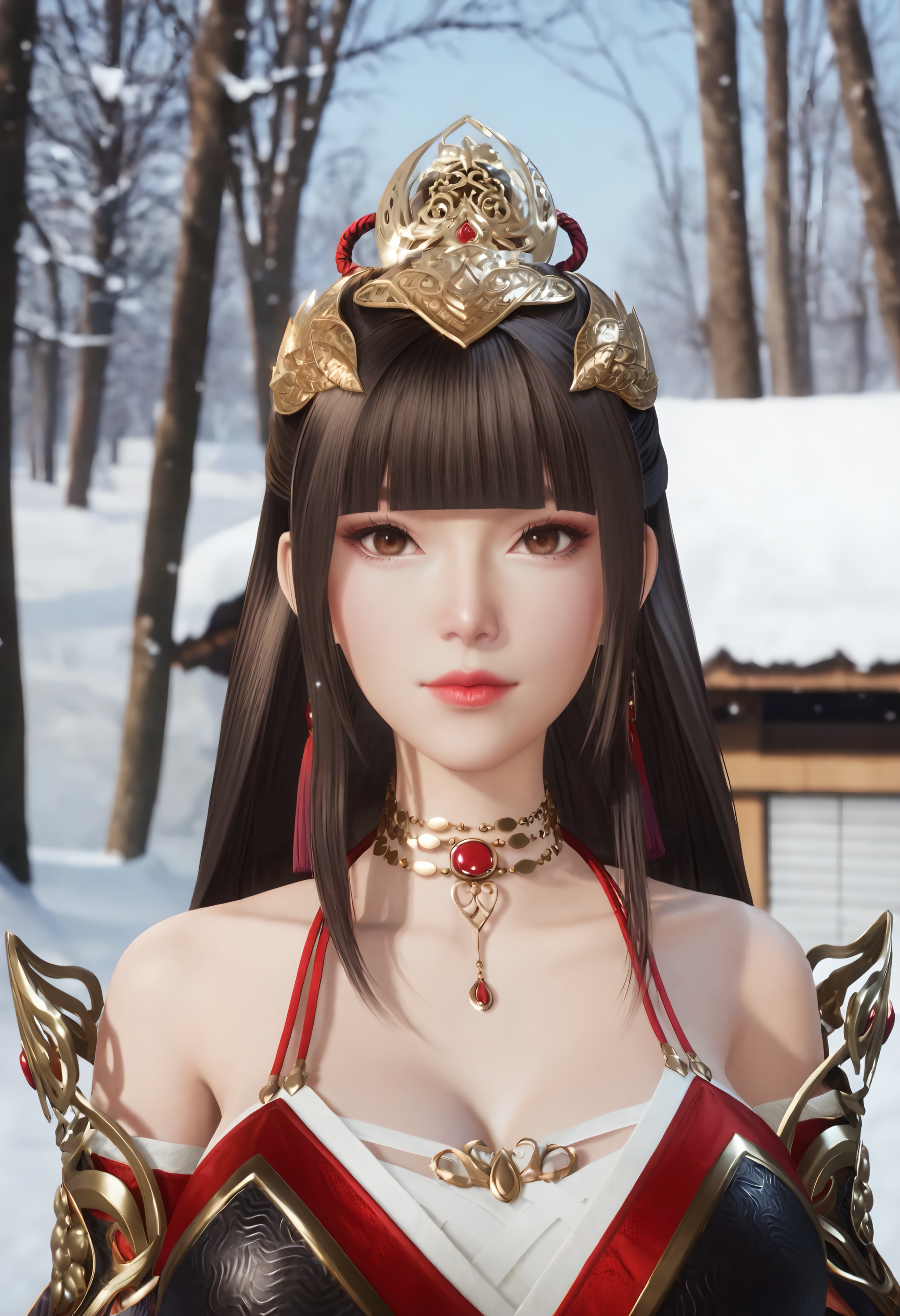 (score_9),realistic,looking at viewer,front view,<lora:幽亦寒-apony-000009:0.8>,youyihan,1girl,solo,long hair,dark brown hair,blunt bangs,hair ornament,tassel earrings,brown eyes,bare shoulders,shoulder armor,red gem,japanese clothes,necklace,detached sleeves,wide sleeves,obi,waist belt,(glamor:1.2),(mature_female),collarbone,BREAKgame cg,in winter,snow,ice,4K ultra HD,high detail,high contrast,depth of field,