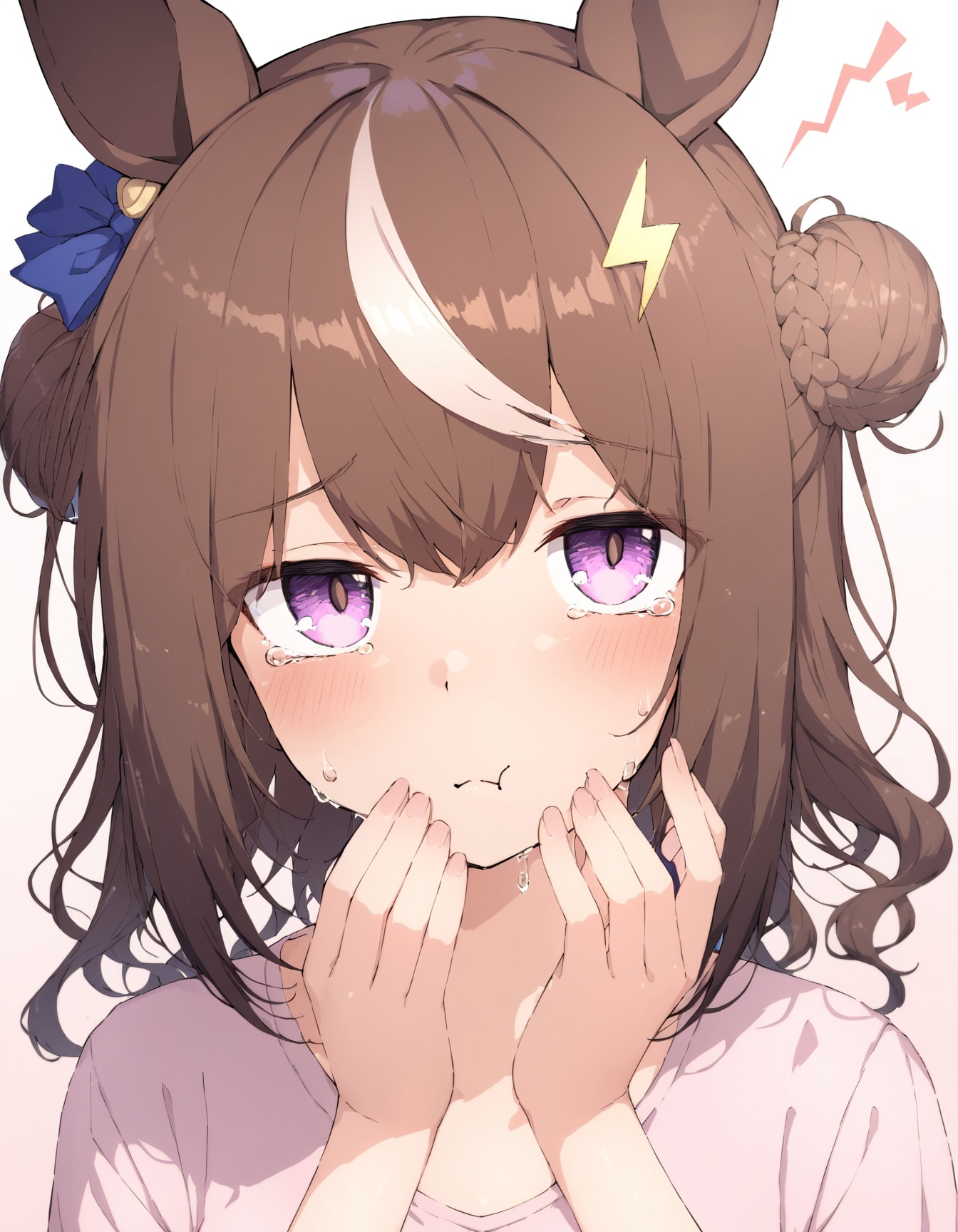 sy4style,1girl,  (umamusume:1.1),  fine motion , tears, simple background, multicolored hair, pink bow, :<, hair bow, horse ears, hands up, horse girl, pink background, white background, looking at viewer, braided bun, closed mouth, blue bow, animal ears, bow, portrait, gradient hair, shirt, blush, lightning bolt symbol, crying, hair ornament, brown hair, pink shirt, single hair bun, hair bun, purple eyes, solo, crying with eyes open, braid, masterpiece, newest, absurdres, safe <lora:sy4style (3):1>