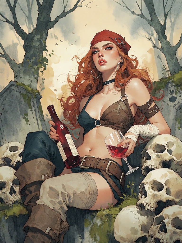 Bradhamel art style. A fierce red-haired woman in a pirate-style outfit with leather straps and a bandana,  sitting amidst...