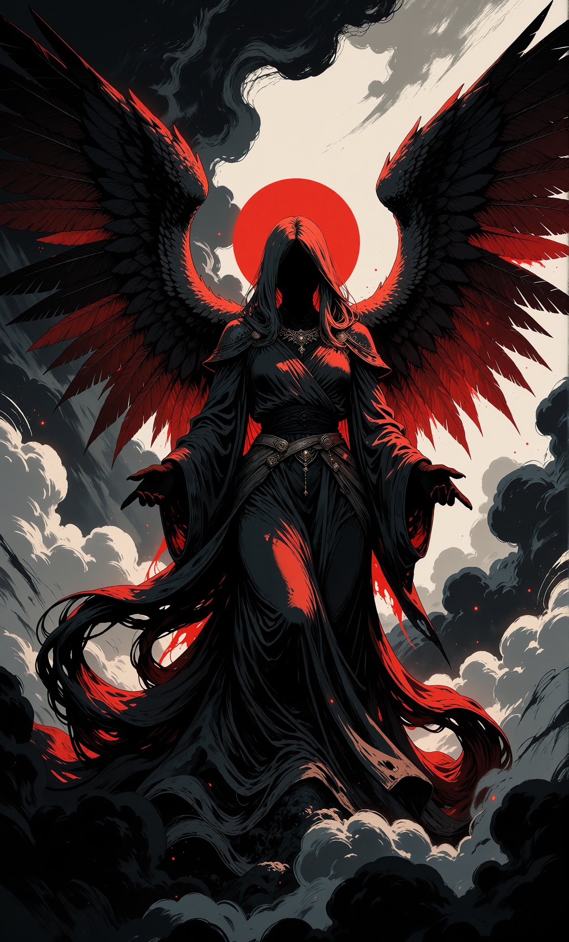 a mystical winged figure emerges from the center of a turbulent mass of charcoal-black clouds,  its enormous tattered wing...