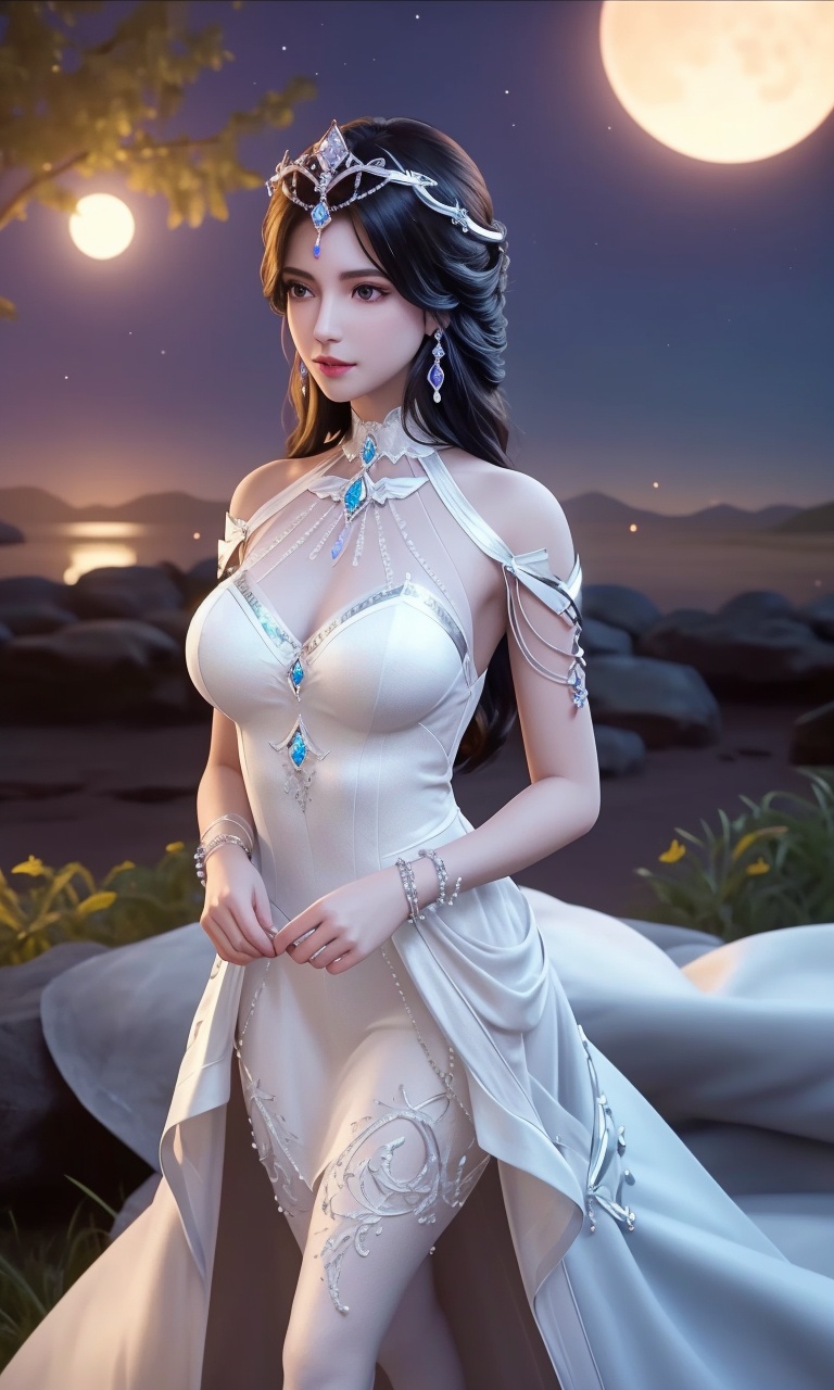 ,1girl, pov,,moon, full moon, moonlight,night,(,star_\(sky\), starry_sky, night, moon, night_sky, sky, shooting_star, full_moon, letterboxed, 1girl, solo, space, earth_\(planet\), planet, cloud, blue_sky, aurora, dress)<lora:DA_BaiYe:0.6>ultra realistic 8k cg, picture-perfect face, flawless, clean, masterpiece, professional artwork, famous artwork, cinematic lighting, cinematic bloom, perfect face, beautiful face, fantasy, dreamlike, unreal, science fiction, huge breasts, beautiful clothes, lace, lace trim, lace-trimmed legwear, (rich:1.4), prestige, luxury, jewelry, diamond, gold, pearl, gem, sapphire, ruby, emerald, intricate detail, delicate pattern, charming, alluring, seductive, erotic, enchanting, hair ornament, necklace, earrings, bracelet, armlet,halo     
