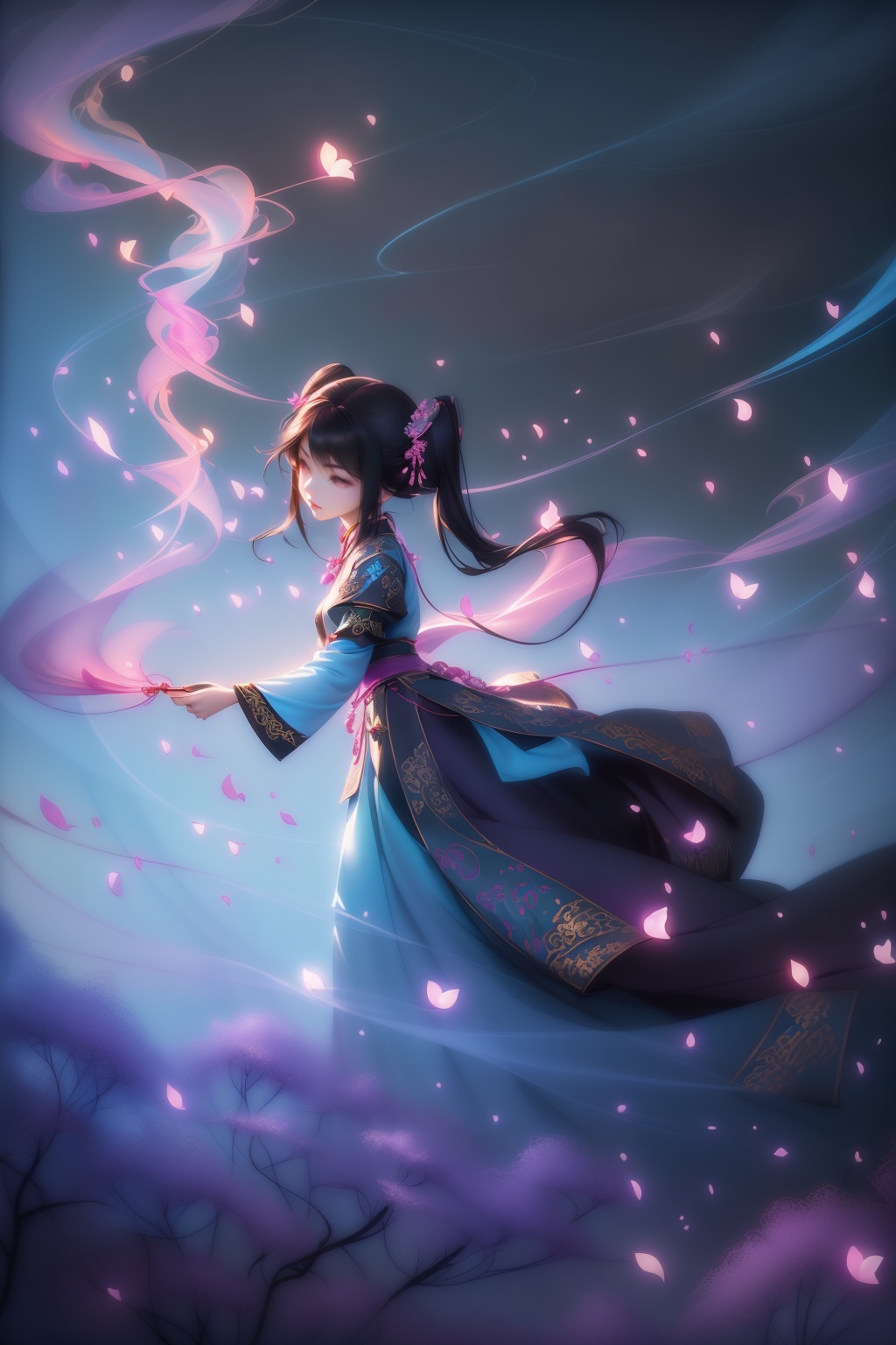 (colorful),(long shot:1.6),full body shot,(back to the viewer),an extremely detailed full body illustration of a beautiful fantasy 12-year-old girl wearing a (hanfu),(china style),(solo),standing on the bamboo's branch(,facing the distance),detailed (black_eyes:1),(beautiful and detailed face:1.3),Eye highlight,(black hair:1.4),(small double bun),( twintails:1.4),(down to waist),(slender),(puberty breasts:1.3),(simple silk white collared half-sleeve shirt),(lightblue heart-shaped silk loose covering for the breast:1.3),(long silk skirt hems),(floating Ribbons),Jade pendant,(depth of field:1),((hazy fog)),(light diffuse smoke:1.4),fantasy character portrait,fantasy castle,highres,intricate,volumetric lighting,realistic cinematic,(beautiful face:1.15),(low angle:1.5),(XIAN XIA style),(Jiang nan style),lying petals,floating petals,falling petals,((breeze)),wind,sky,dusk,(dreamy forest mountain background),art by flower_style,