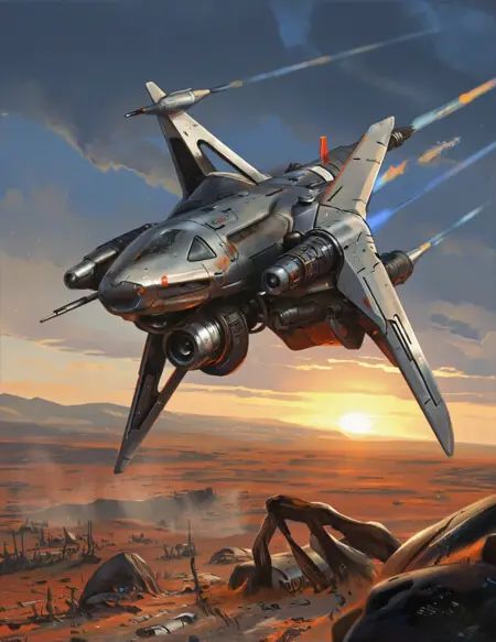 Yurimazum art style. in digital painting VladiMosa Style. A futuristic spaceship flying over a desert landscape at sunset....
