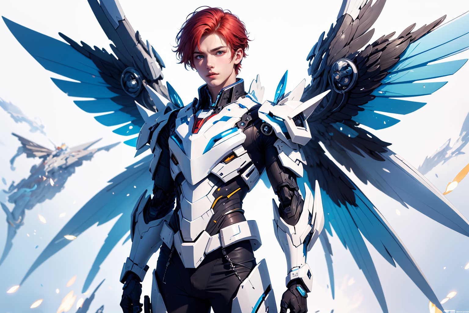 1boy,concept artwork,red hair,(a lonely solo boy:1.4),sky,wing,wings with fans,graphics card fan,strong male mecha warrior,mighty and domineering,cool mecha,32k,blue and white color scheme,white armor,white_background,standing,cowboy_shot,<lora:atai_v1s:0.8>,