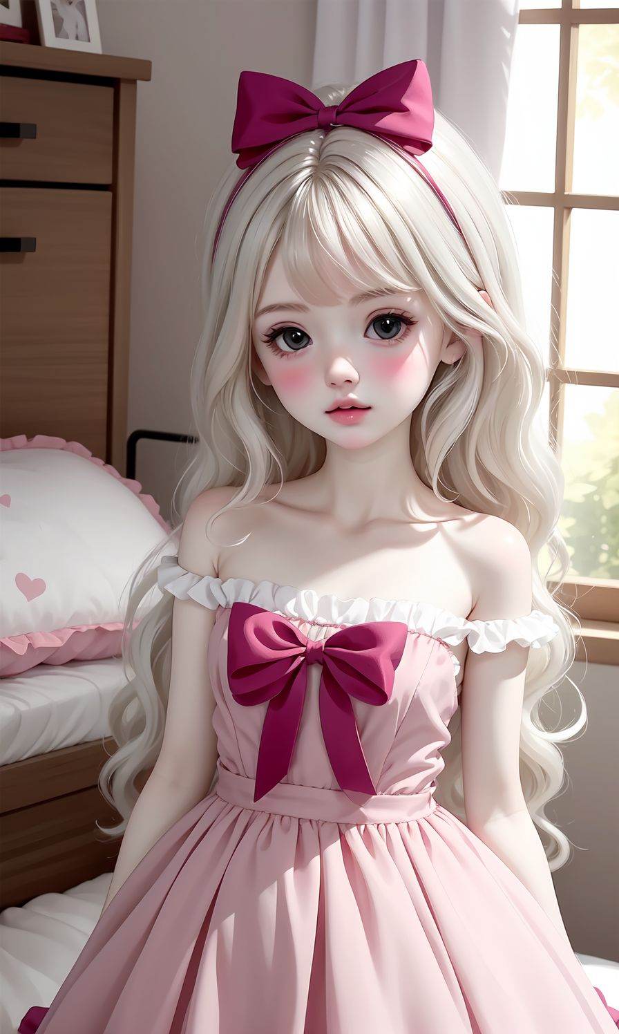 (Masterpiece:1.2), (best quality:1.2), (super high resolution:1.2), 1girl, long hair, solo, bow, dress, window, looking at viewer, pink bow, indoors, hair bow, pink dress, pale skin, bare shoulders, stuffed toy, wavy hair, blonde hair, strapless, stuffed animal, blush, lips, bed, bangs, black eyes, strapless dress, heart, pillow, white hair, collarbone, ribbon, <lora:doll:0.5>