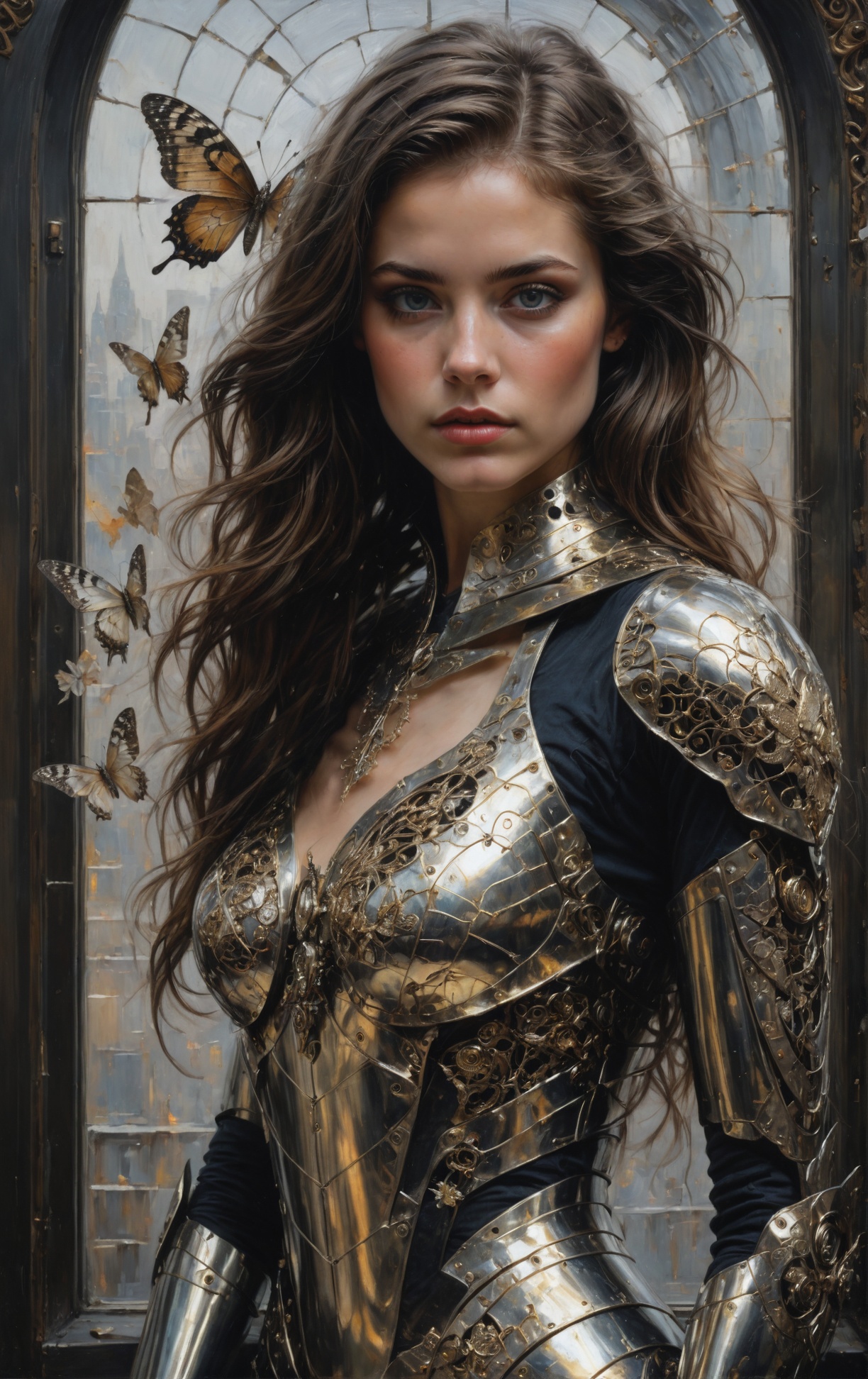 In Casey Baugh's evocative style,  art of a beautiful young girl cyborg with long brown hair,  futuristic on Tensor.Art