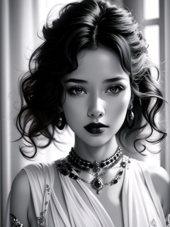 1girl,greyscale,monochrome,solo,jewelry,necklace,realistic,looking at viewer,earrings,curly hair,lips,dark-skinned female,short hair,close-up,exquisite makeup,upper body,, masterpiece,best quality,8k,insane details,intricate details,high detail,((masterpiece)), ((best quality)),