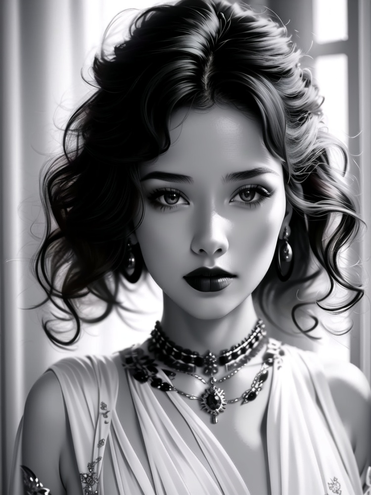 1girl,greyscale,monochrome,solo,jewelry,necklace,realistic,looking at viewer,earrings,curly hair,lips,dark-skinned female,short hair,close-up,exquisite makeup,upper body,, masterpiece,best quality,8k,insane details,intricate details,high detail,((masterpiece)), ((best quality)),