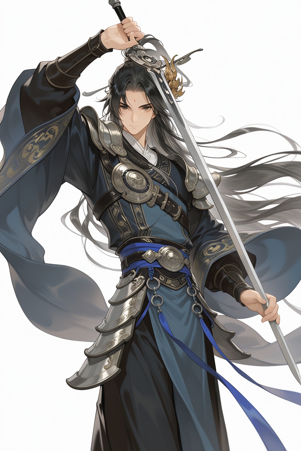 asian inspire,masterpiece,best quality,8K,ultra-high resolution,asian inspire,1boy,male focus,solo,hanfu,long hair,chinese clothes,weapon,black hair,sword,holding,white background,forehead mark,long sleeves,facial mark,simple background,closed mouth,wide sleeves,holding weapon,holding sword,armor,hair ornament,sash,looking at viewer,standing,very long hair,artistic style,digital illustration,fantasy genre,warrior attire,Asian inspired,dynamic pose,character armor,