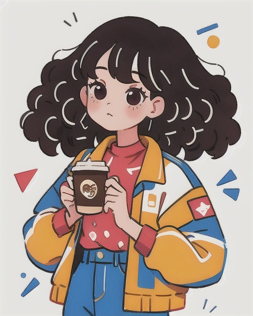 1girl, holding coffee, jacket, curly hair, long hair, simple background,