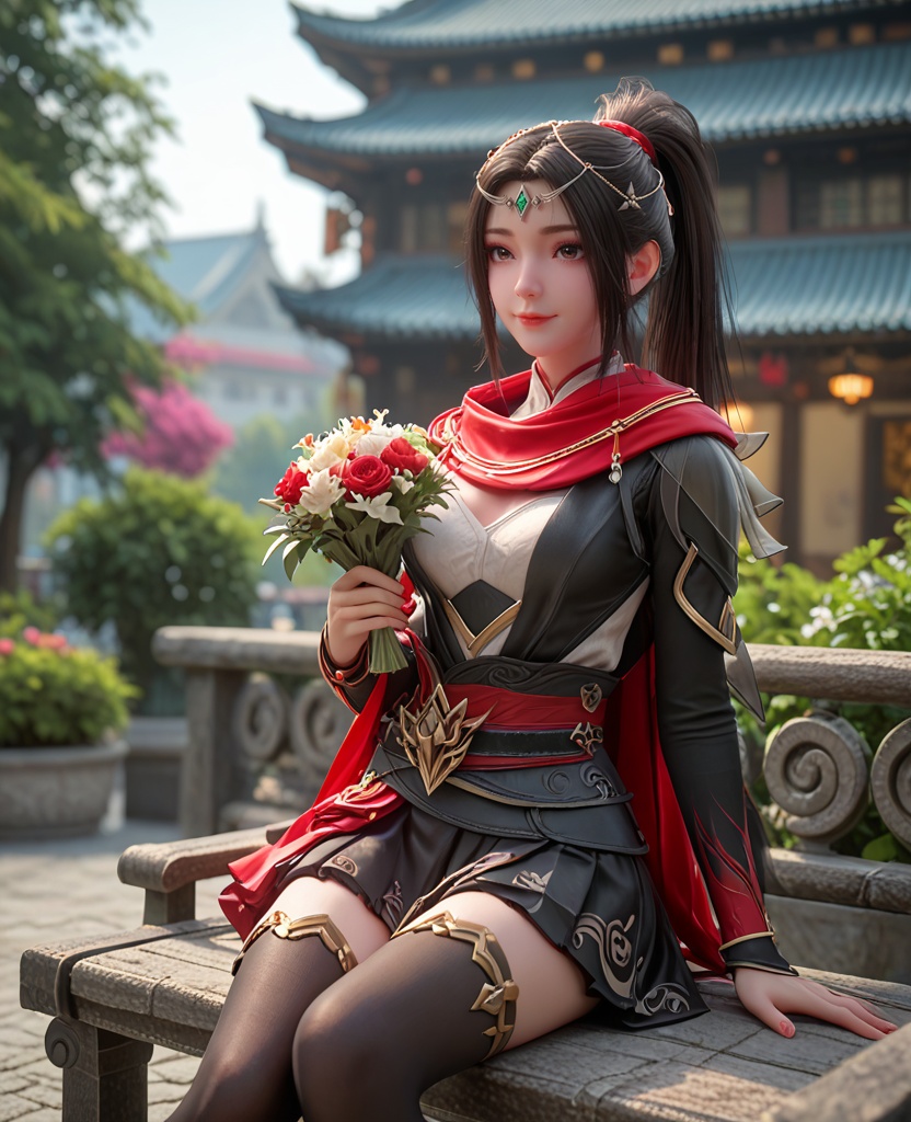 (oriental architecture, elegant decor, sophisticated style:1.1),(Sitting on a park bench, holding a bouquet of flowers, with a smile of joy and gratitude,:1.1),(breasts:1.2),<lora:XL百炼成神朱千凝:0.8>,miss zhuqianning,black hair,scarf,ponytail,long hair,armor,breasts,hair ornament,brown hair,skirt,black thighhighs,circlet,, zPDXL2, score_9, score_8_up, score_7_up BREAK realistic, masterpiece,best quality, highly detailed,, zPDXL3, zPDXL2,zPDXL, zPDXLxxx, zPDXLrl,