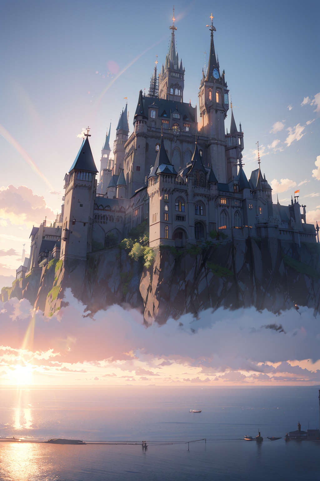 masterpiece,best quality,HD Resolution,(ray tracing,cinematic lighting),photography,Castle,Architecture,sea,sunburst,lighting,Clarity,Realism,Landscape Wallpaper,