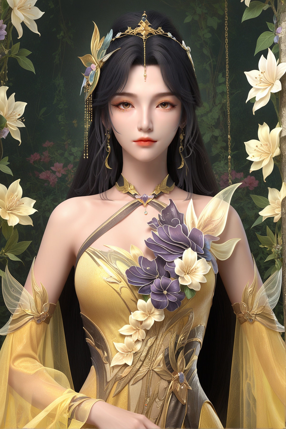 score_9,score_8_up,score_7_up,<lora:wy_wangxi_XLcs:0.8>,1girl,long hair,breast,medium breast,earrings,hair_ornament,dress,brown eyes,black hair,yellow_dress,flower,many flowers,very many flowers,on_ground,wetting,dark,upper_body,