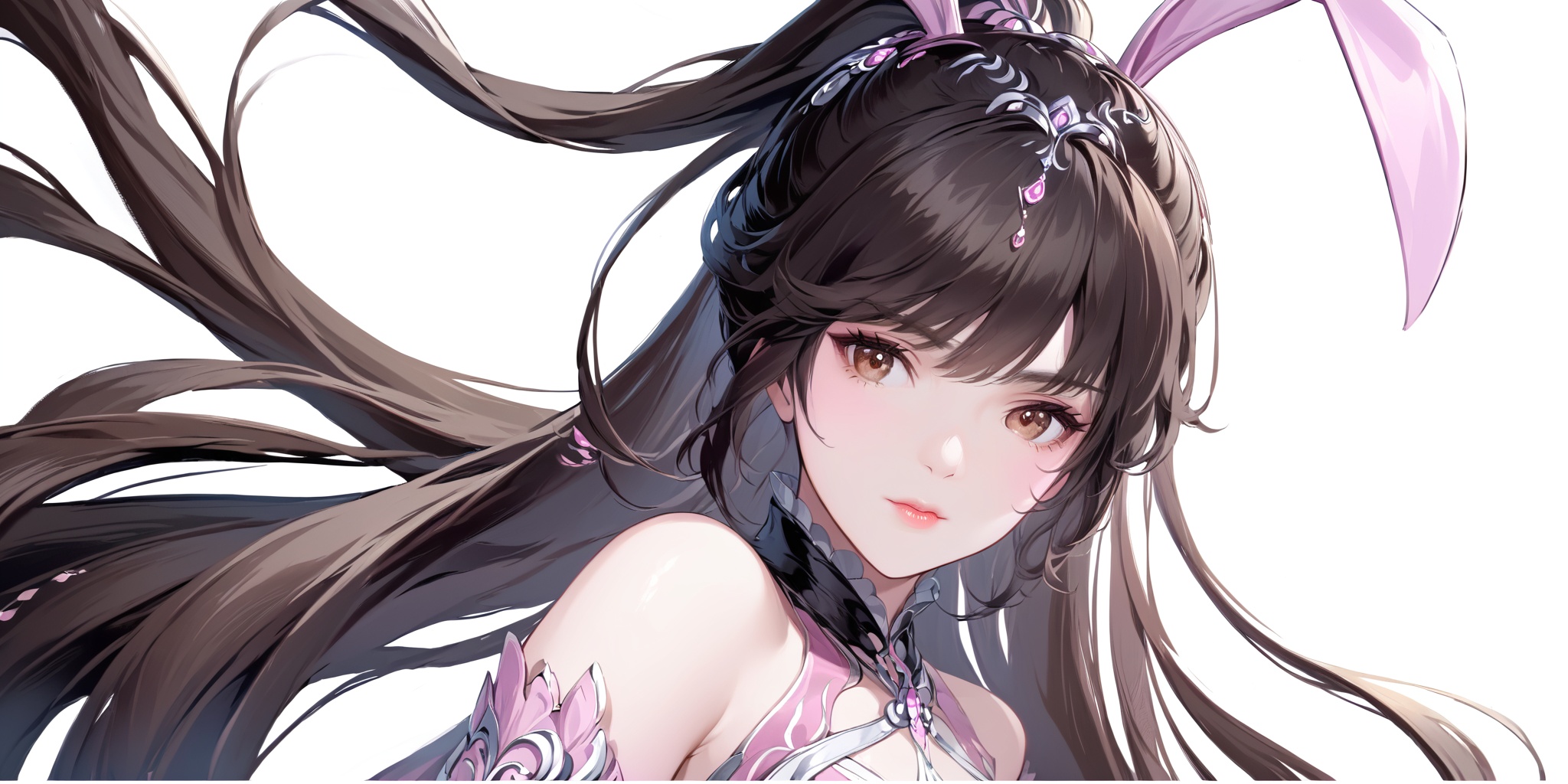 masterpiece,best quality,huge filesize,fantasy,illustration,simple white background,portrait,upper_body,1 woman,(mature_female:1.2),solo,rabbit ears,brown eyes,dress,long hair,pink dress,very long hair,brown hair,ponytail,hair ornament,black hair,collar,<lora:XL小舞成年2.0:0.7>,