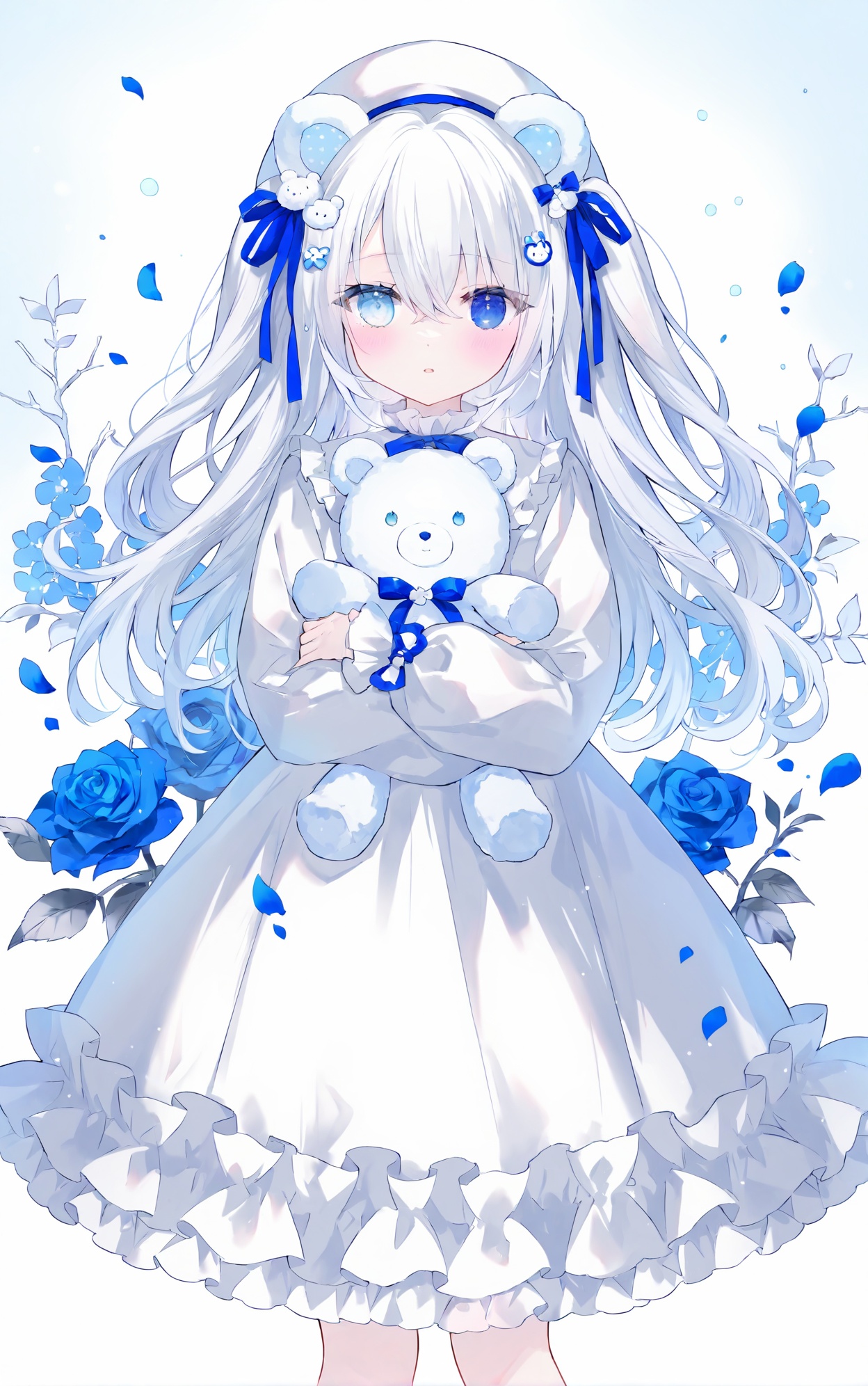transparent,trough,tender,christmas,lightshadow,1girl,solo,long hair,looking at viewer,blush,bangs,blue eyes,hair ornament,long sleeves,hat,dress,ribbon,holding,animal ears,hair between eyes,twintails,standing,hair ribbon,flower,white hair,frills,parted lips,puffy sleeves,white dress,two side up,petals,rose,heterochromia,animal,white headwear,stuffed toy,frilled dress,stuffed animal,blue ribbon,puffy long sleeves,blue flower,blue rose,bear ears,white theme,