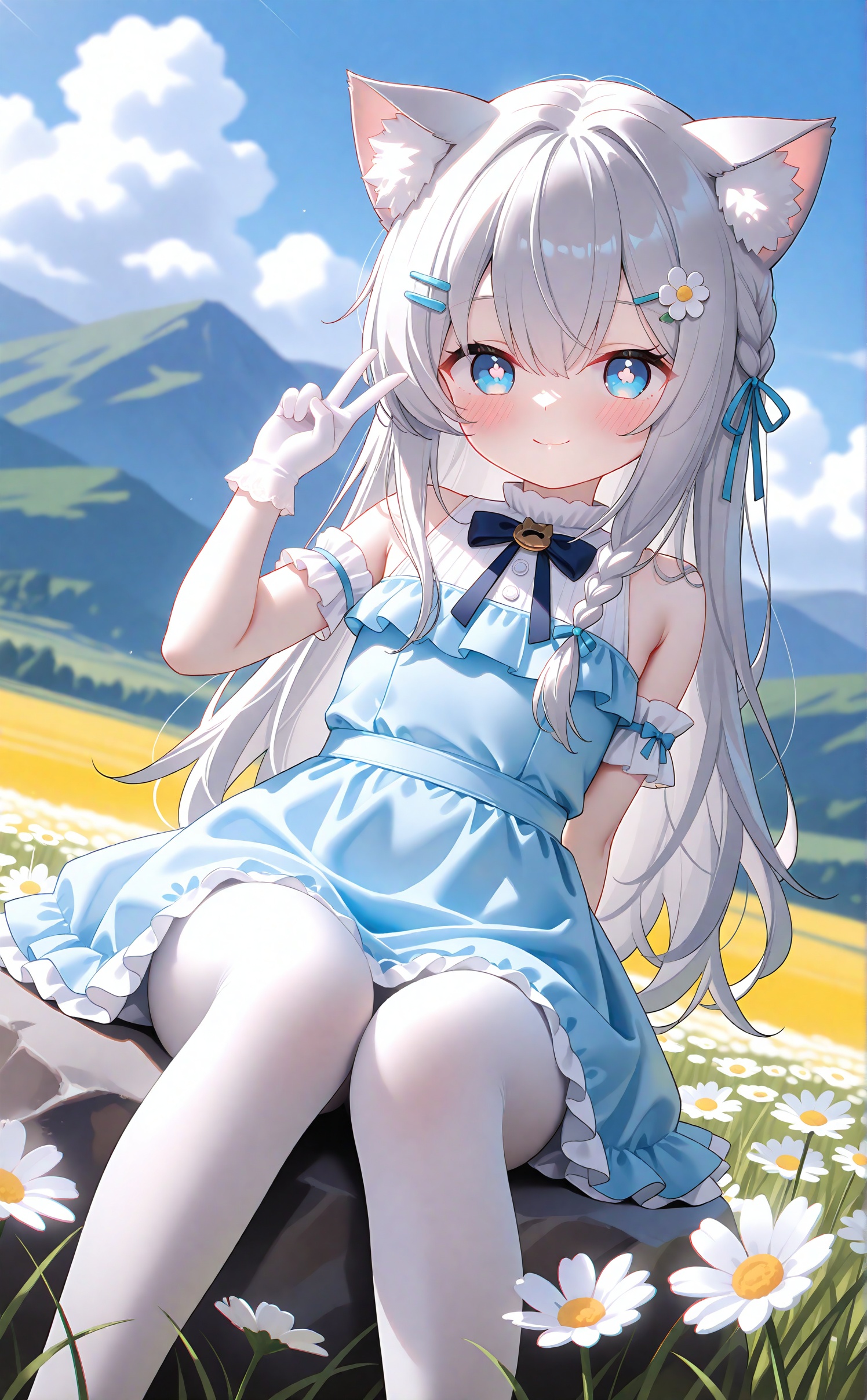 masterpiece,very aware,highres,absurdres,newest,best quality,loli,petite,high quality,chromatic_aberration,cinematic_angle,dutch angle,1girl,animal ears,outdoors,animal ear fluff,white pantyhose,pantyhose,flower,dress,blue dress,gloves,sitting,white gloves,solo,blue eyes,long hair,smile,cat ears,braid,white hair,sky,day,hair ornament,frilled dress,field,looking at viewer,frills,flower field,feet out of frame,sleeveless dress,cloud,white flower,closed mouth,very long hair,blue sky,ribbon,cat girl,blush,rock,sleeveless,mountain,v,hand up,arm behind back,symbol-shaped pupils,arm garter,side braid,daisy,bare shoulders,mountainous horizon,hairclip,grey hair,bow,hair between eyes,single braid,knees together feet apart,grass,<lora:Nano gys2-000036:0.7>,<lora:Hires 0.1+:1>,