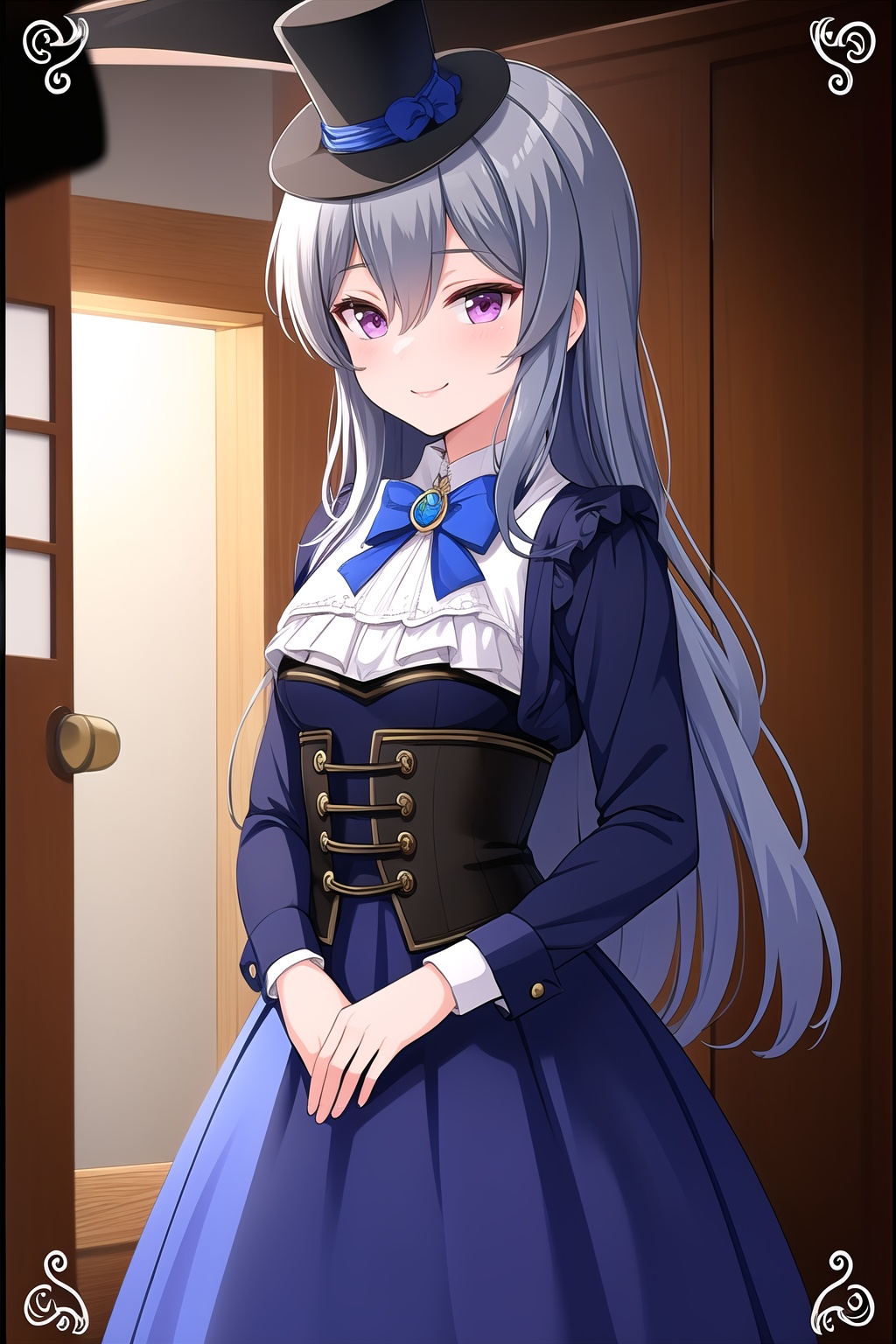 (masterpiece, best quality), highly detailed background, perfect lightingbest quality, shigetoakiho, solo, indoors, mini top hat, brooch, black headwear, grey hair, hair between eyes, very long hair, purple eyes, small breasts, blue dress, black shirt, lace, corset, blue bowtie, long sleeves, blue skirt, long skirt, smile, closed mouth, :), pink lips, <lora:Shigeto-Akiho:0.7>